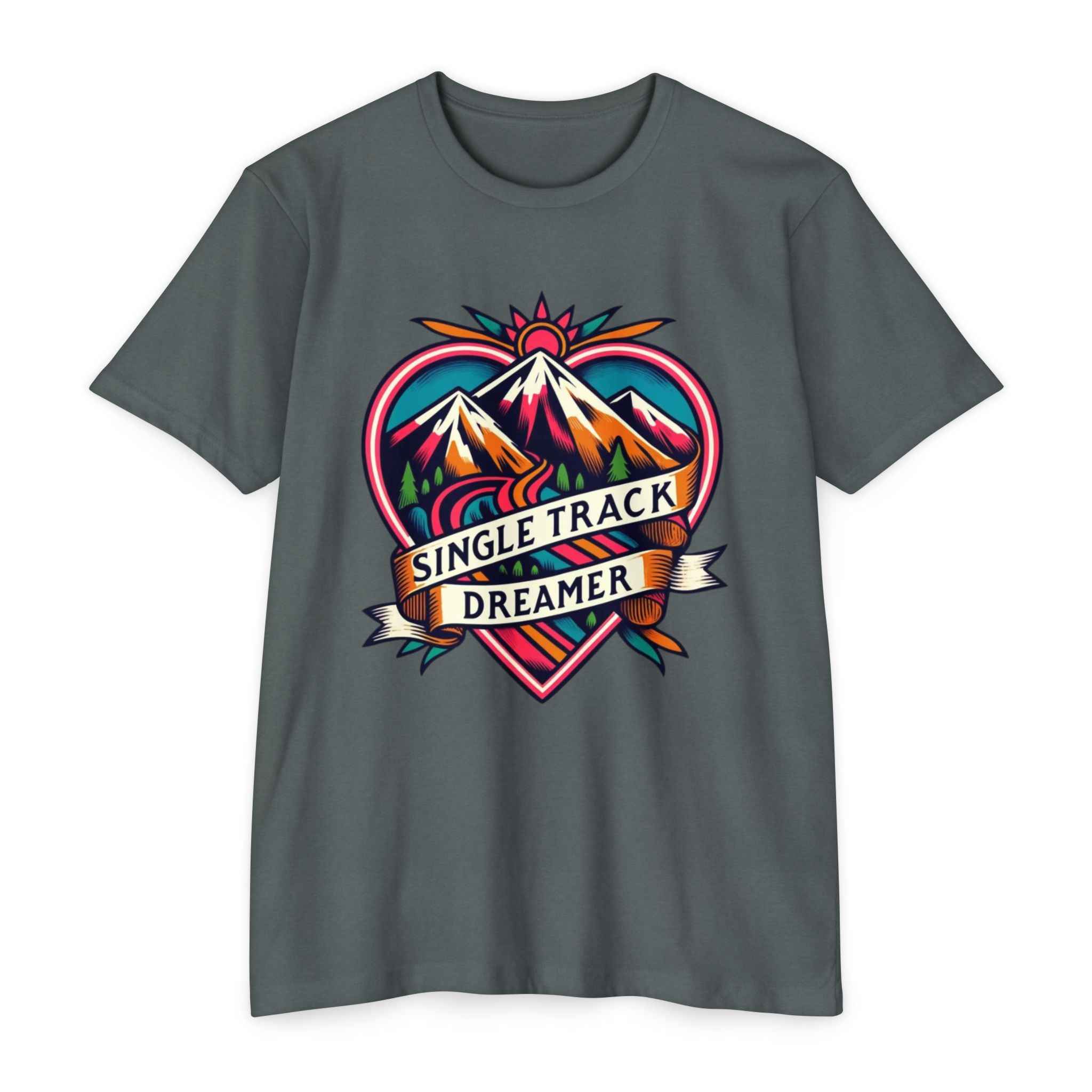Customizable Men's T-shirt in dark gray featuring colorful 'Single Track Dreamer' mountain design. Durable cotton for casual comfort.