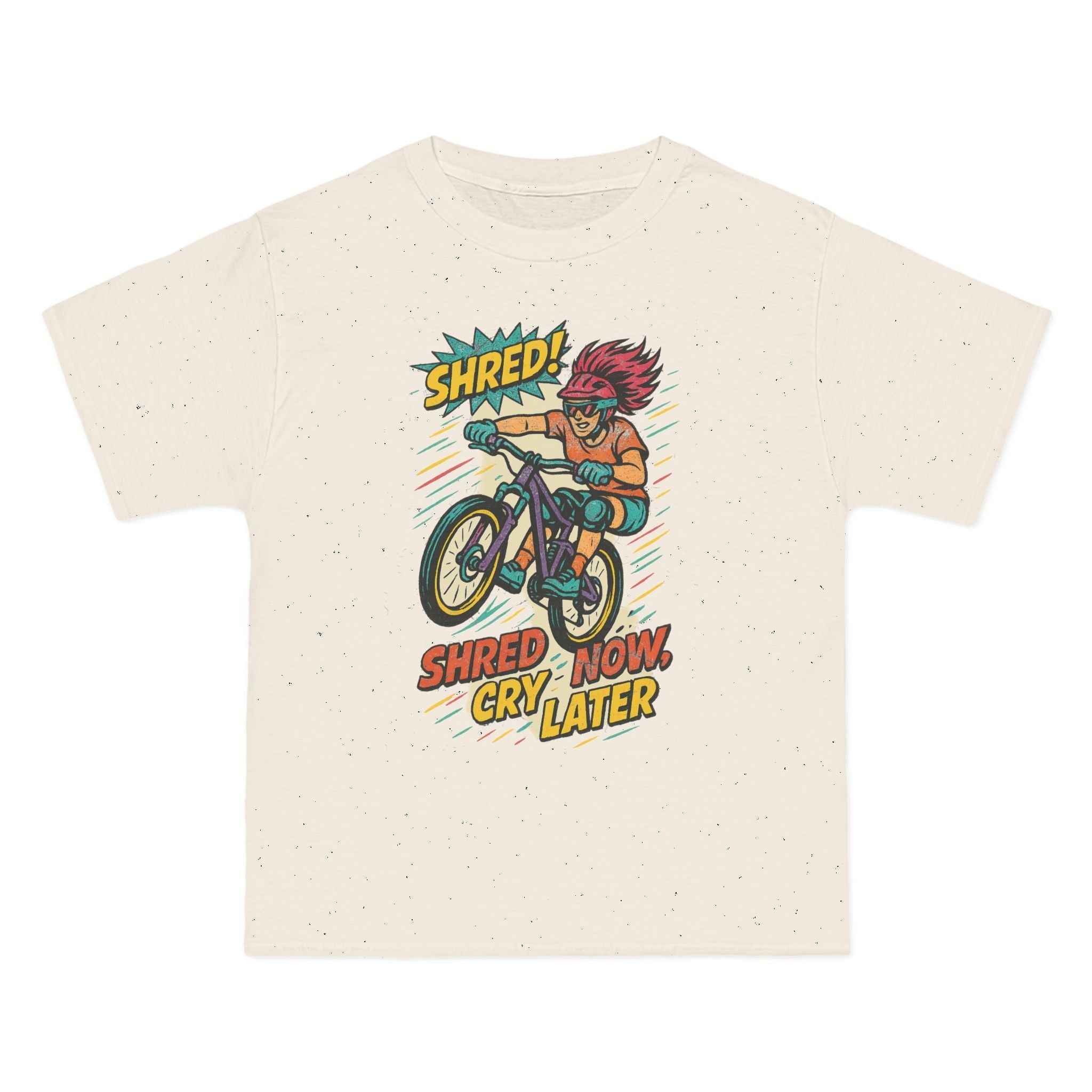 Speckled cream Retro Biker Graphic Tee with colorful vintage cyclist print and adventure-themed slogan, perfect for summer vibes and hobbyist apparel.