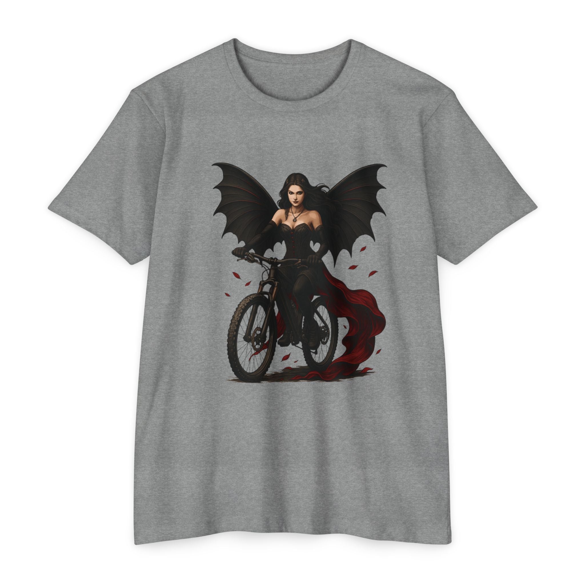 Gray t-shirt with a graphic of a woman on a motorcycle with bat wings and red accents.