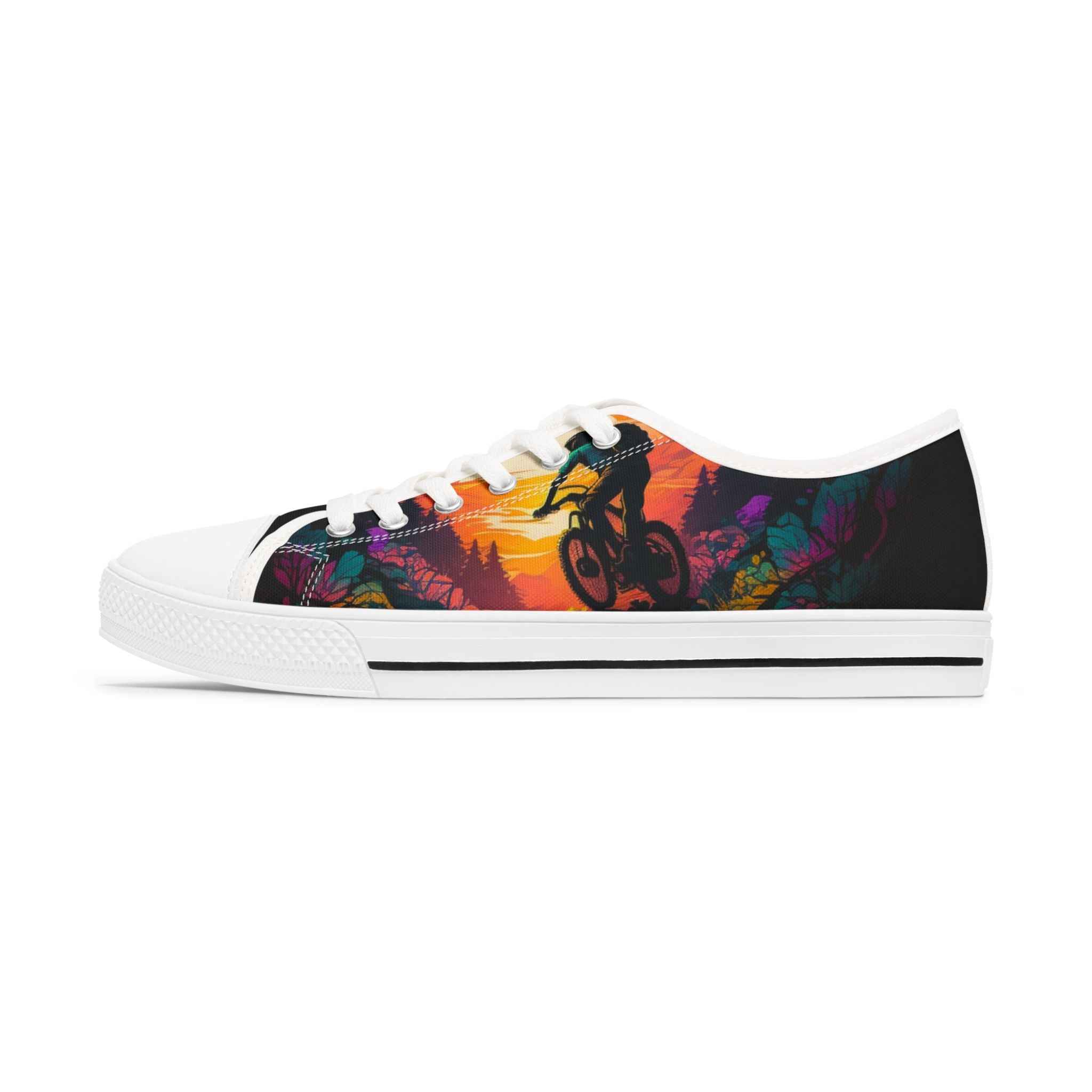 Side view of Women’s MTB Sunset Sneakers with white sole, showcasing bold sunset mountain biking artwork for trail-loving women.