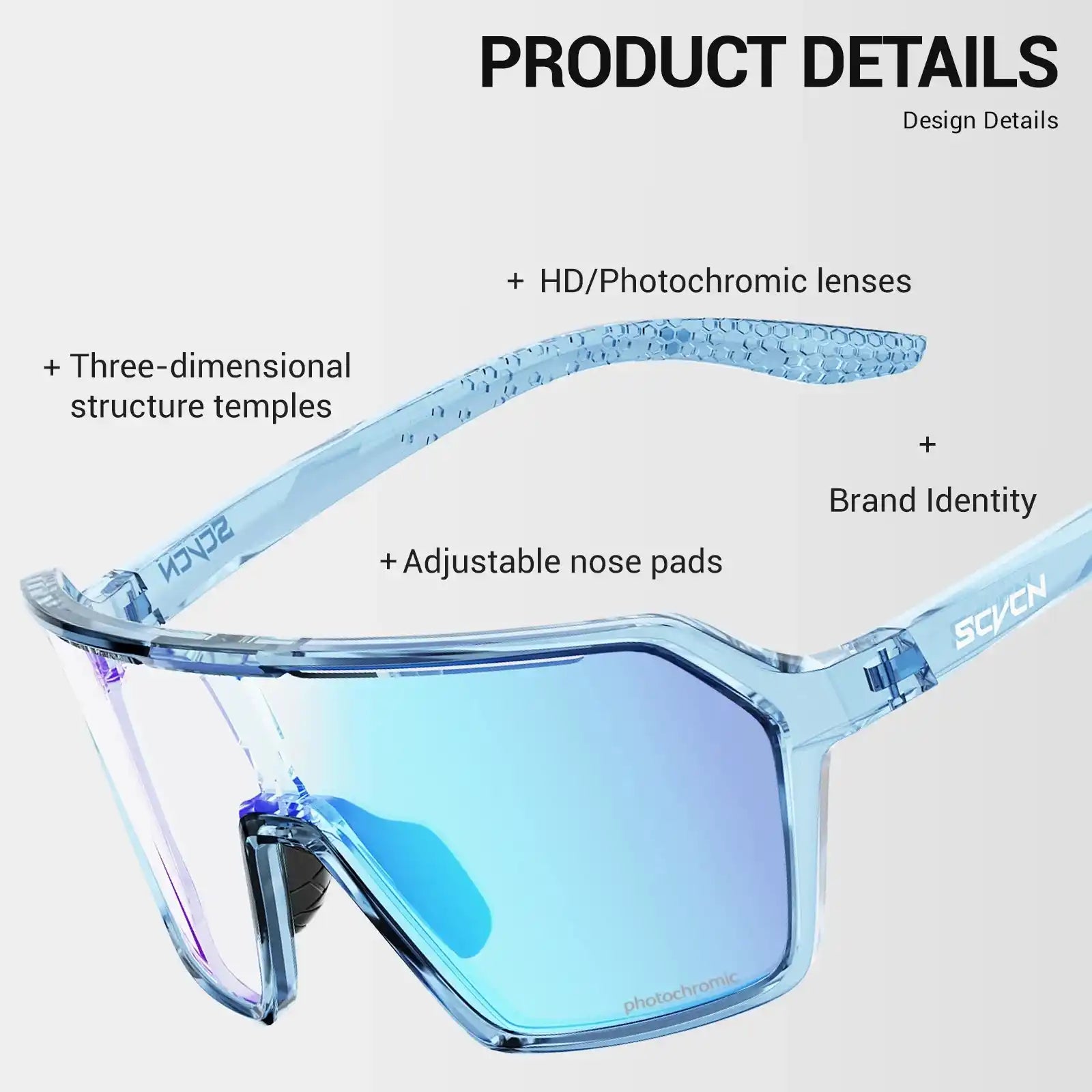 Close-up of blue SCVCN cycling glasses showing HD photochromic lenses, adjustable nose pads, and TR90 frame for UV protection.
