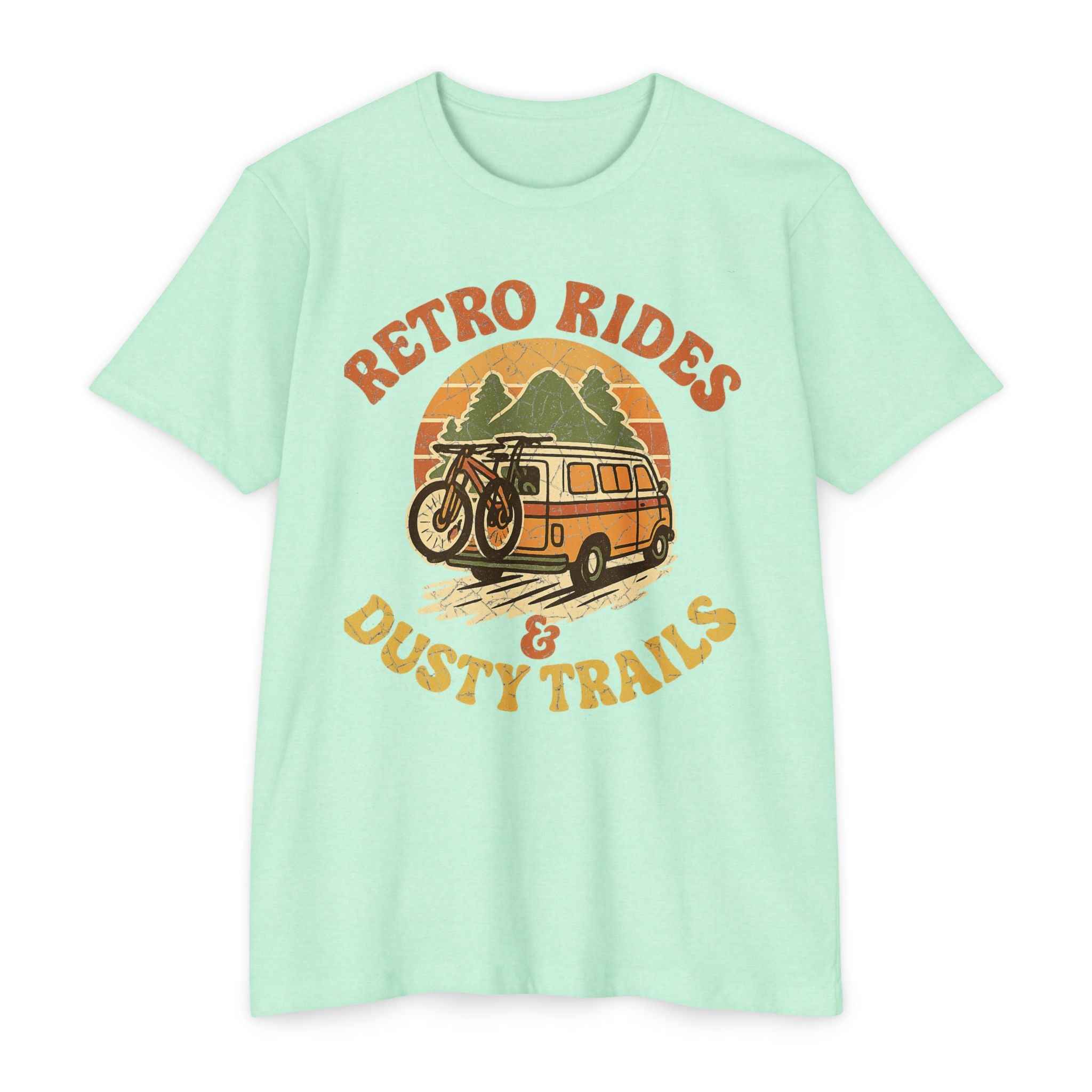 Mint green women's retro MTB graphic t-shirt with colorful 'Retro Rides & Dusty Trails' print. Great for bikepacking and summer adventures.