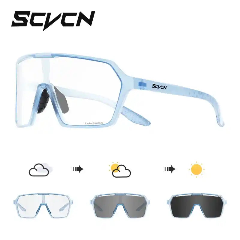 Light blue photochromic cycling sunglasses with UV400 lenses, showing lens darkening stages for outdoor sports protection.