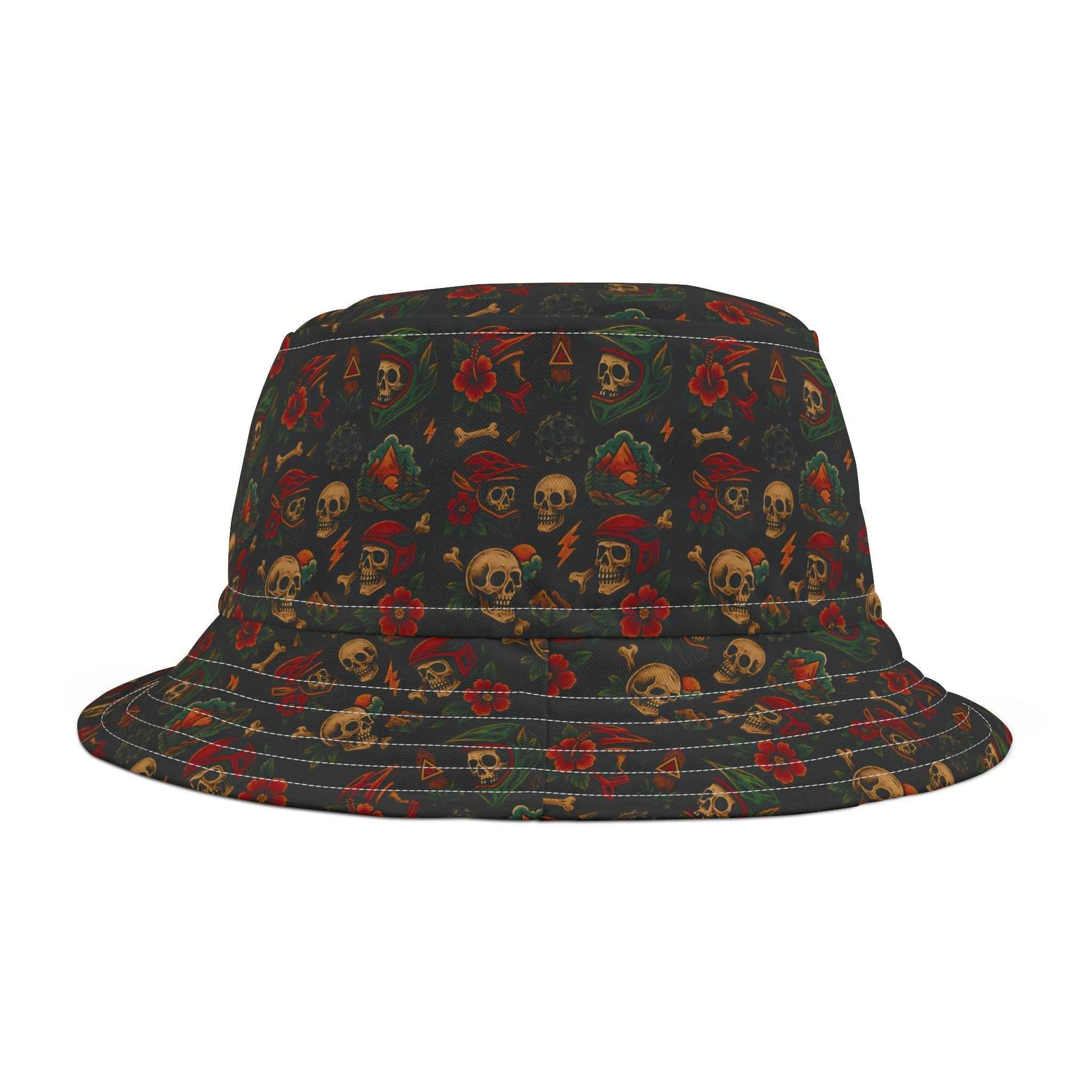 Skull Bucket Hat with edgy skull and floral pattern in dark tones, offering stylish sun protection for casual and festival wear.