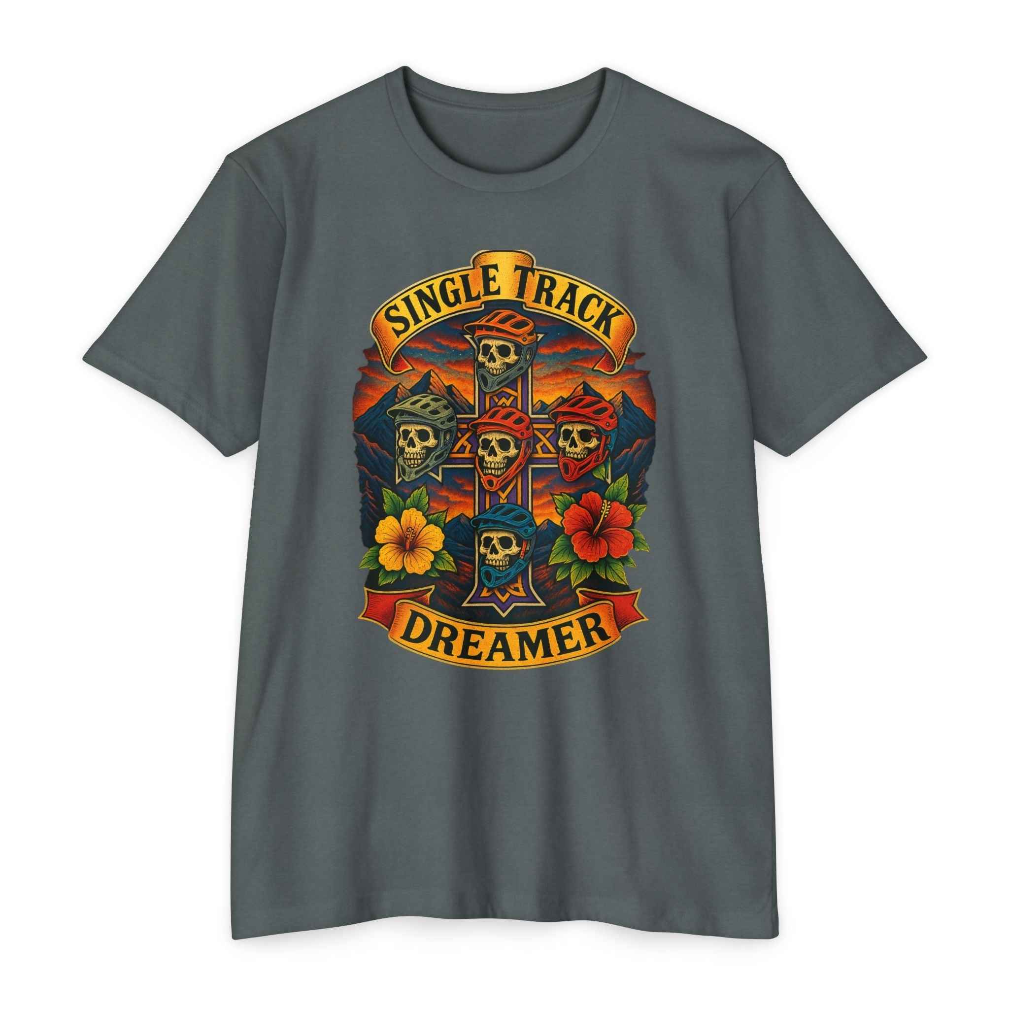 Mountain Biker Graphic Tee in gray with skull and floral design, featuring 'Single Track Dreamer' text for casual and festival wear.