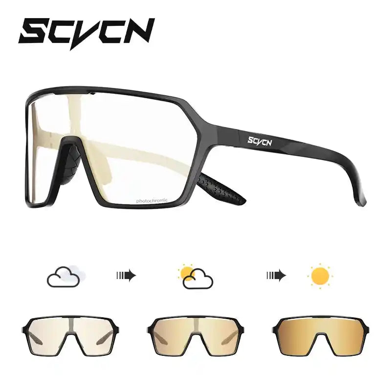 Black photochromic cycling sunglasses with amber-tinted UV400 lenses, transitioning with sunlight for outdoor sports use.