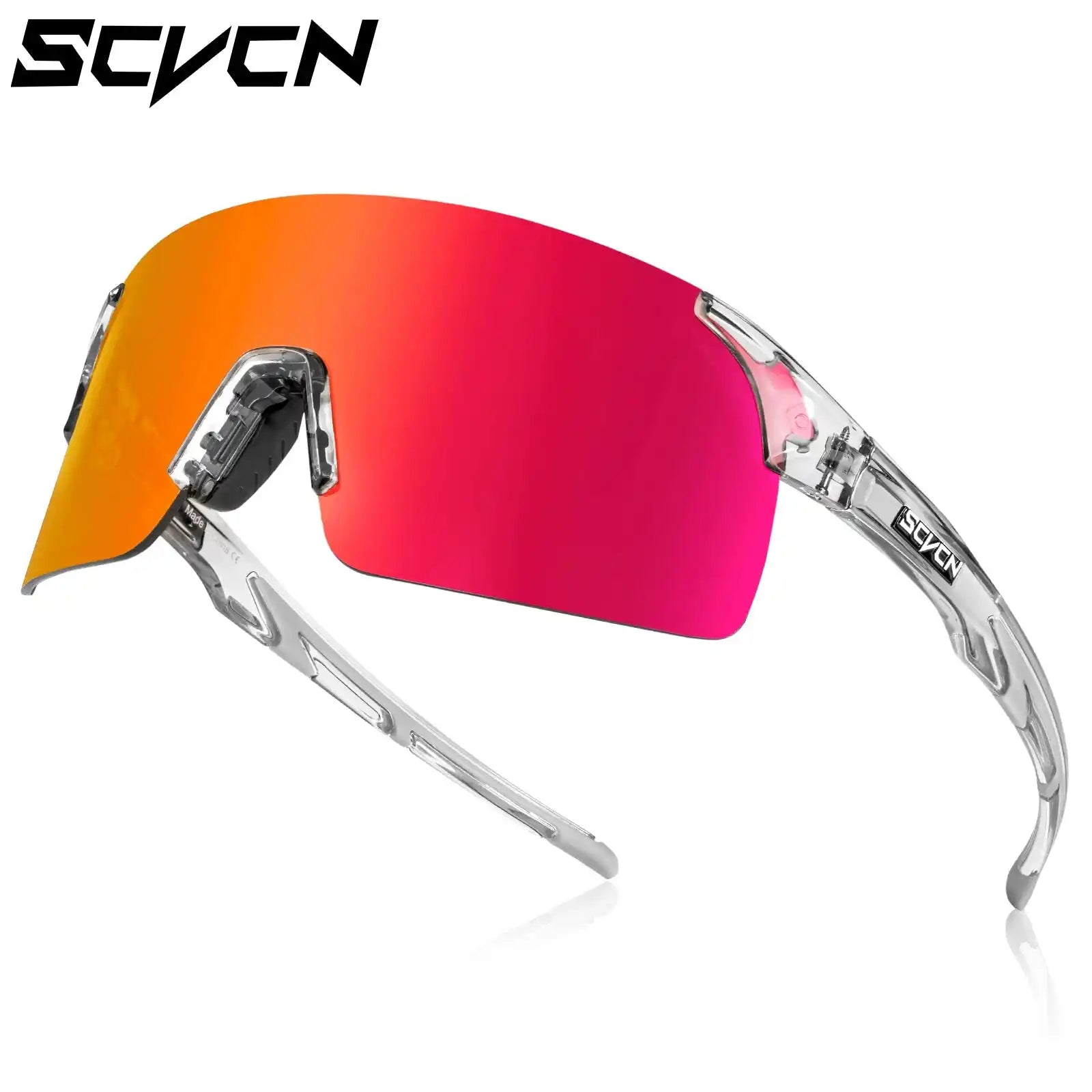 Clear-frame MTB cycling sunglasses with red-orange photochromic lens, offering UV protection and sleek sports styling.