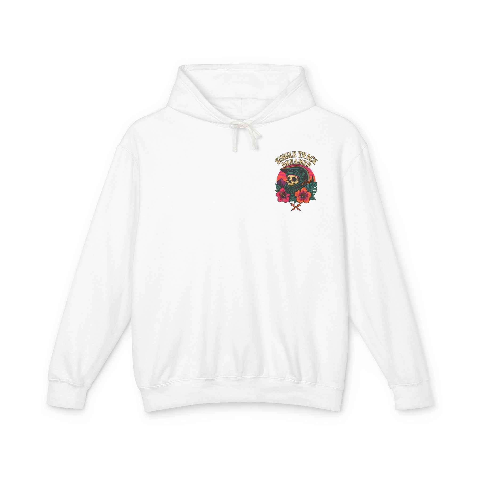 White Skull Sunset Lightweight Hoodie for Adventure Lovers with small front chest graphic of skull in helmet and hibiscus flowers.