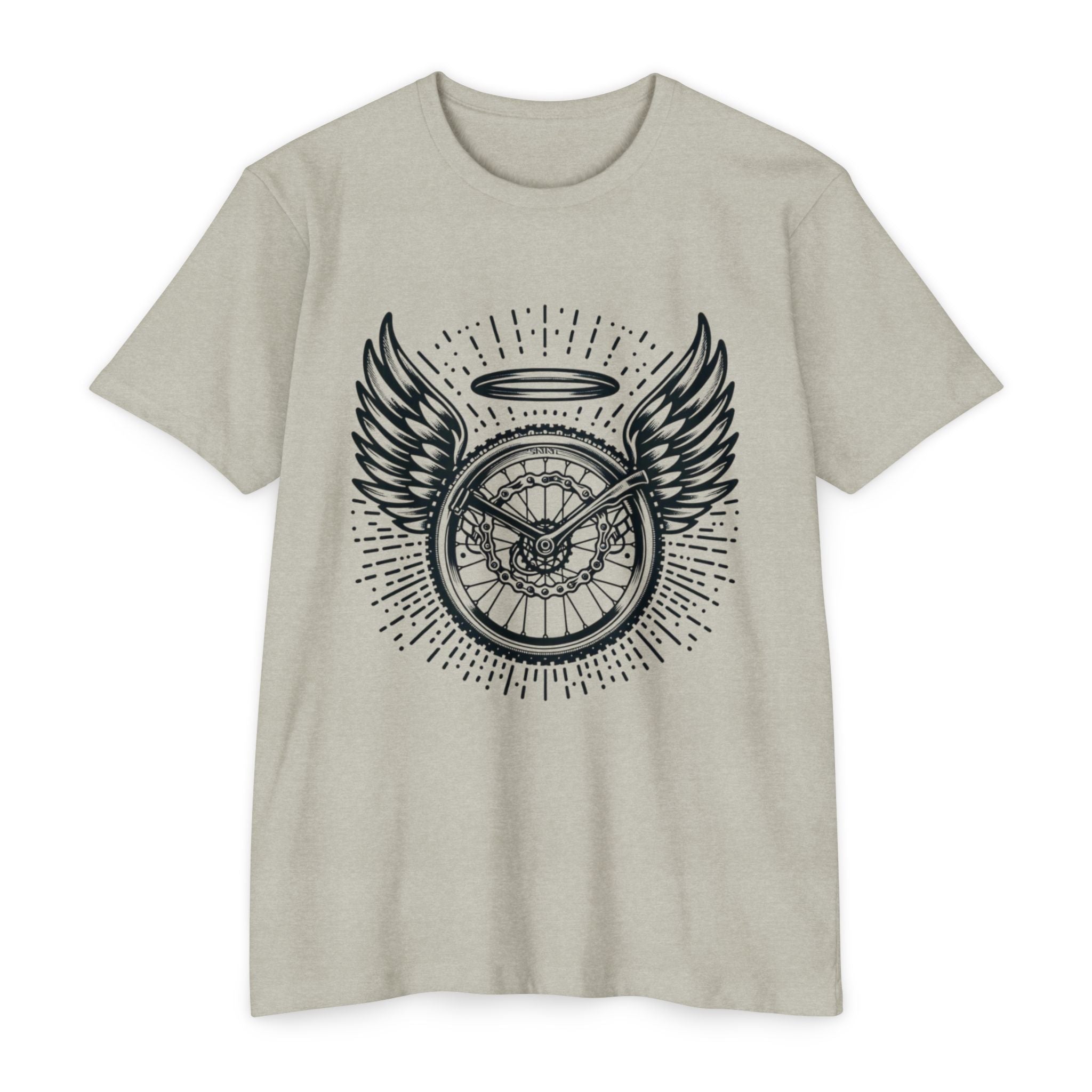 Light heather gray MTB T-Shirt for women with angelic bike wheel and halo artwork. Durable and stylish mountain bike clothing for everyday wear.