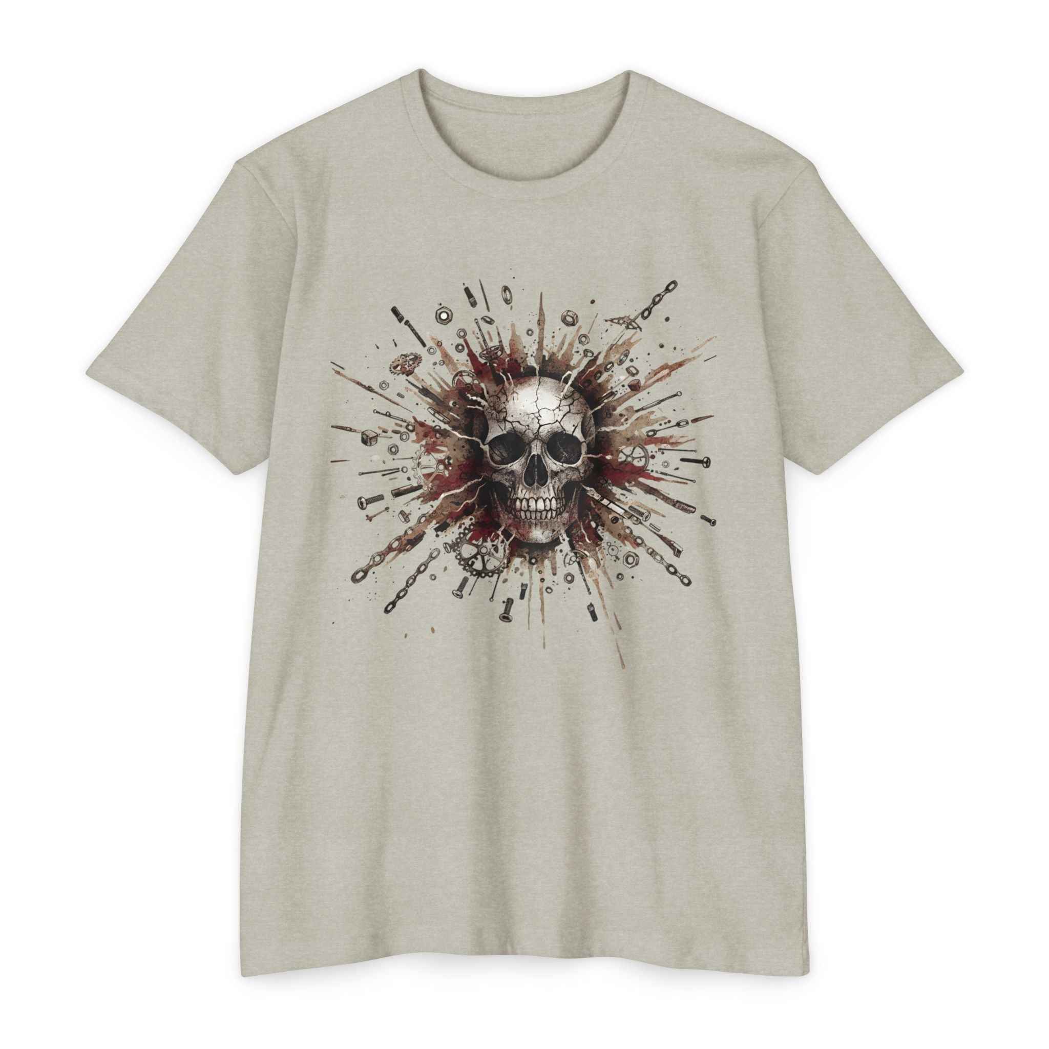 Light oatmeal MTB Skull Chain T-Shirt with cracked skull and chaotic bike chain artwork, designed for trail shredders and adrenaline riders.