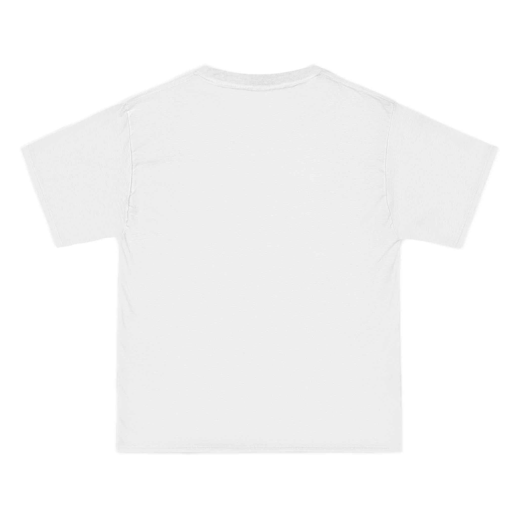Back view of white Retro Biker Graphic Tee made from 100% cotton, showcasing a plain design suitable for casual wear and layering.