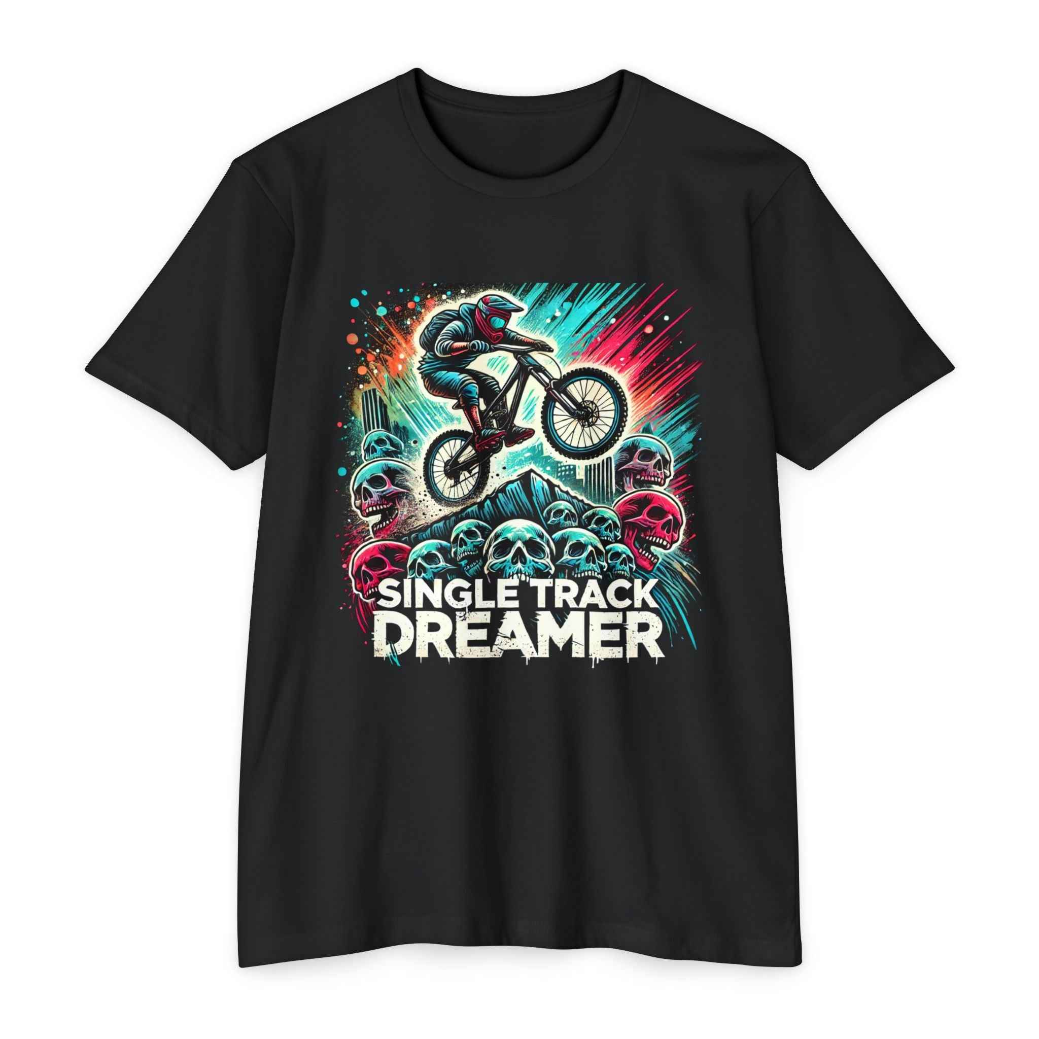 Black mountain biking t-shirt for men with dynamic artwork of a cyclist jumping over neon skulls and 'Single Track Dreamer' slogan in bold.