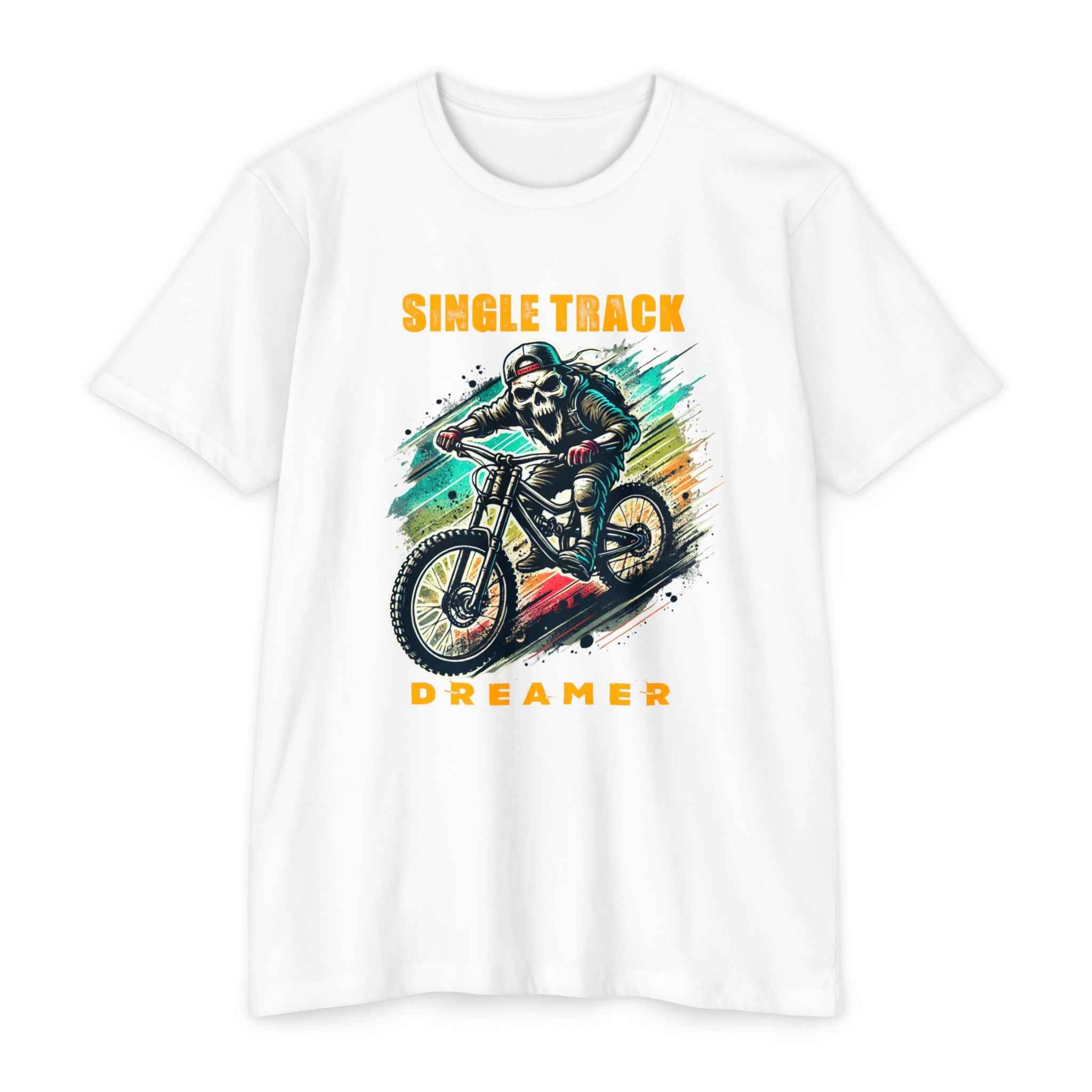 White Skull Rider – Single Track Dreamer Men’s CVC Jersey Mountain Bike T-Shirt with bold skull biker graphic and colorful trail design.