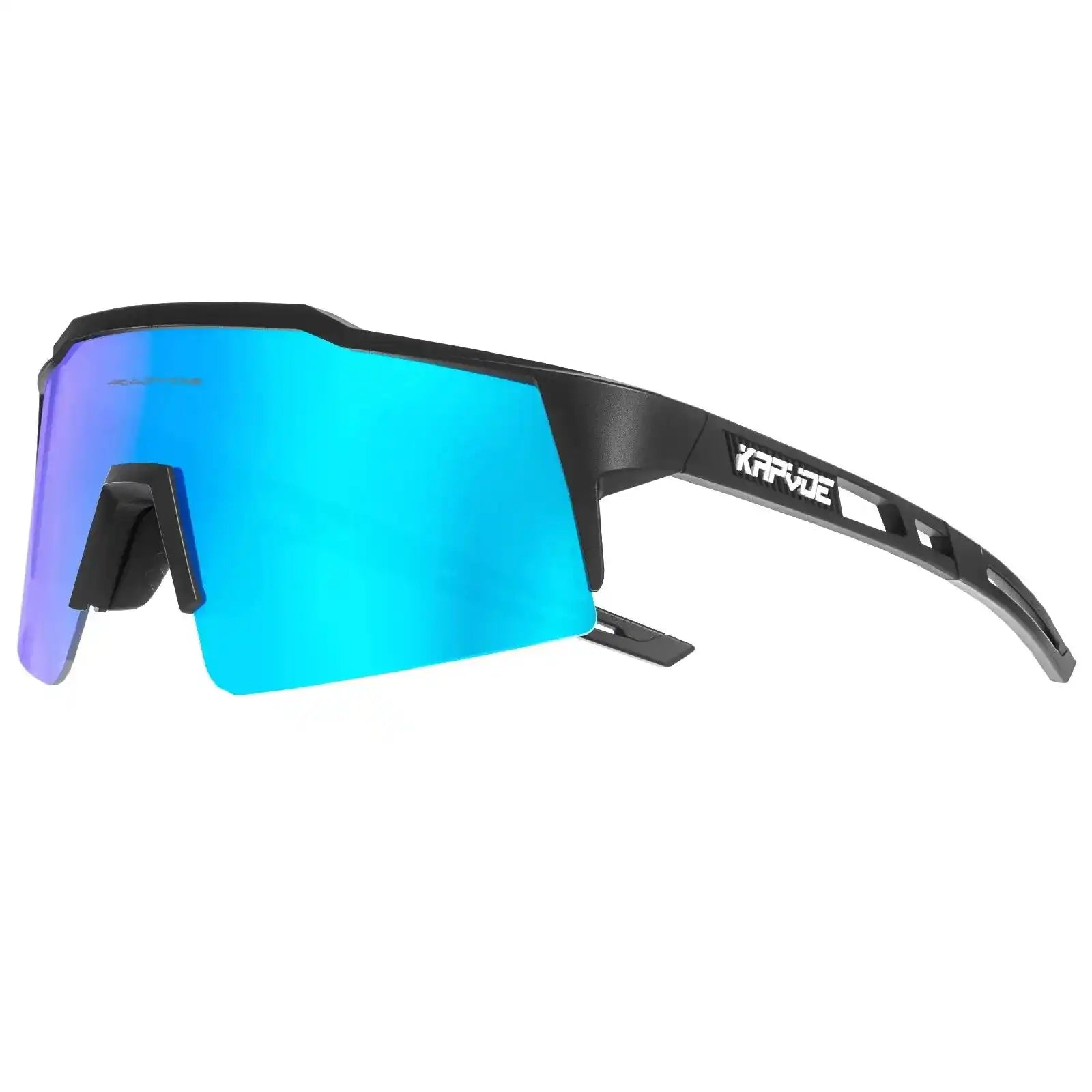 Kapvoe UV400 polarized cycling glasses with blue lens and black frame. Lightweight design enhances comfort for long-distance cyclists.