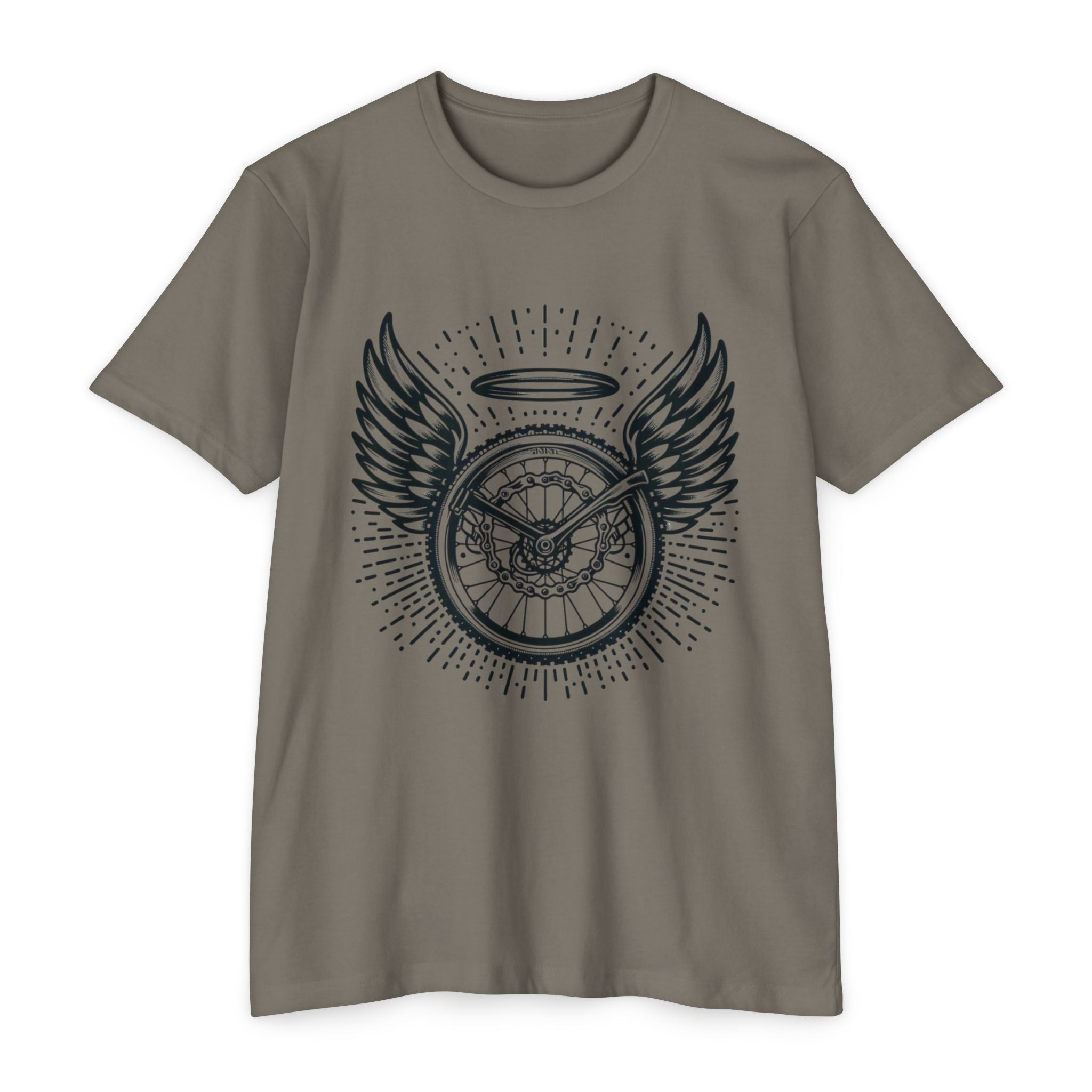 Mountain Bike Angel T-Shirt in dark taupe with bold black winged wheel and halo print. Perfect MTB fashion tee for trail riders and bike lovers.