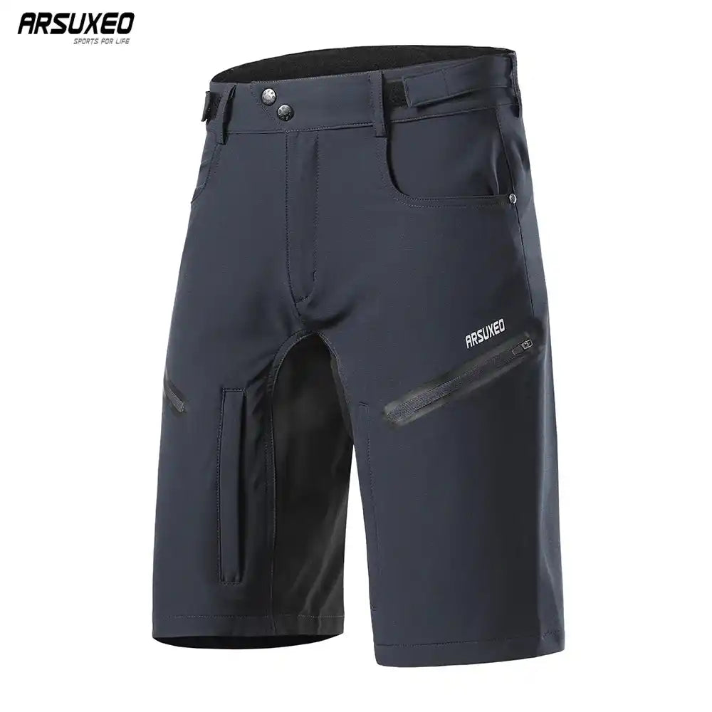 Dark gray ARSUXEO MTB Shorts designed for mountain biking with quick-dry fabric, breathable mesh, and secure zippered storage.