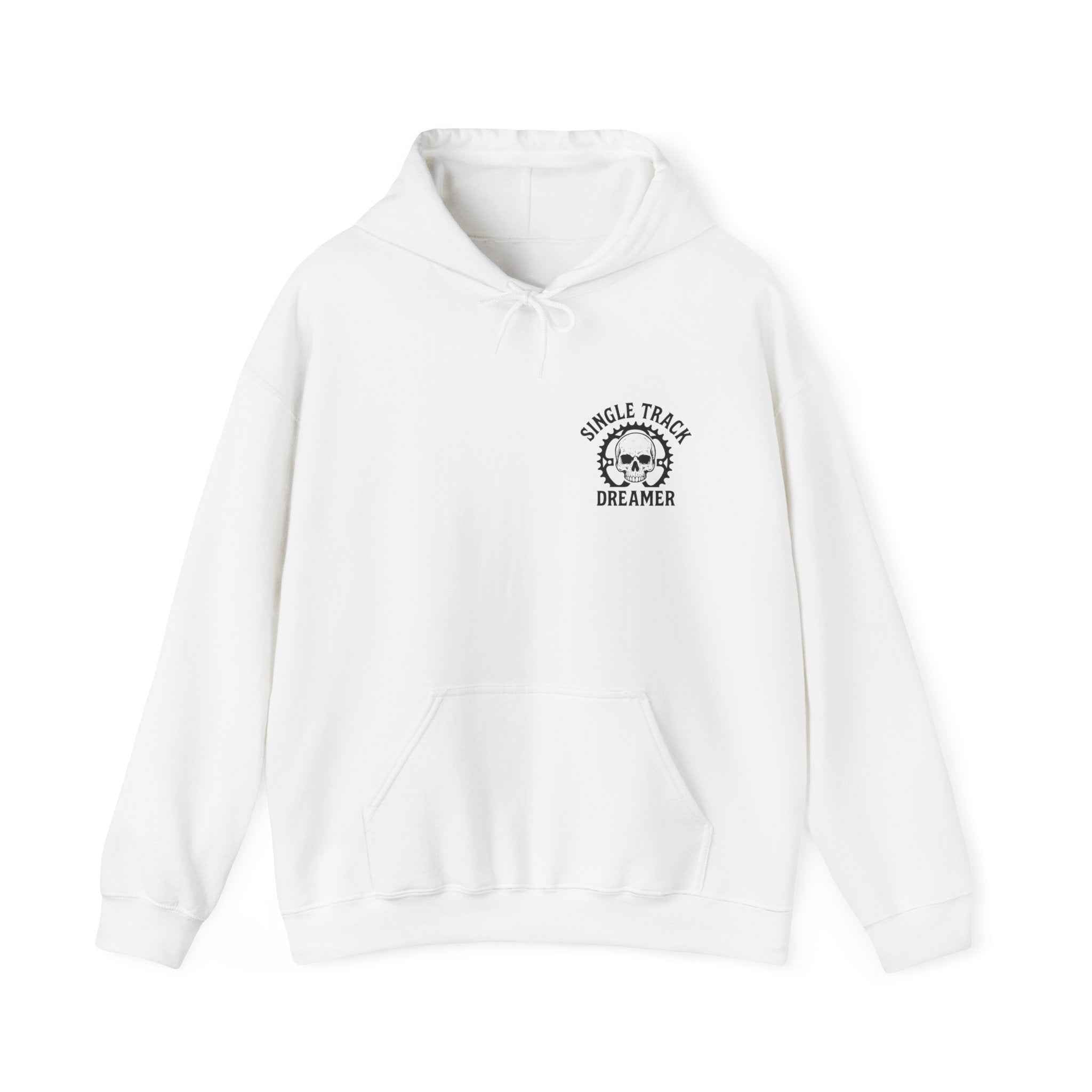 White Men's Hooded Sweatshirt - Everyday Comfort | Kangaroo Pocket featuring minimalist 'Single Track Dreamer' skull gear chest logo, cozy and stylish.