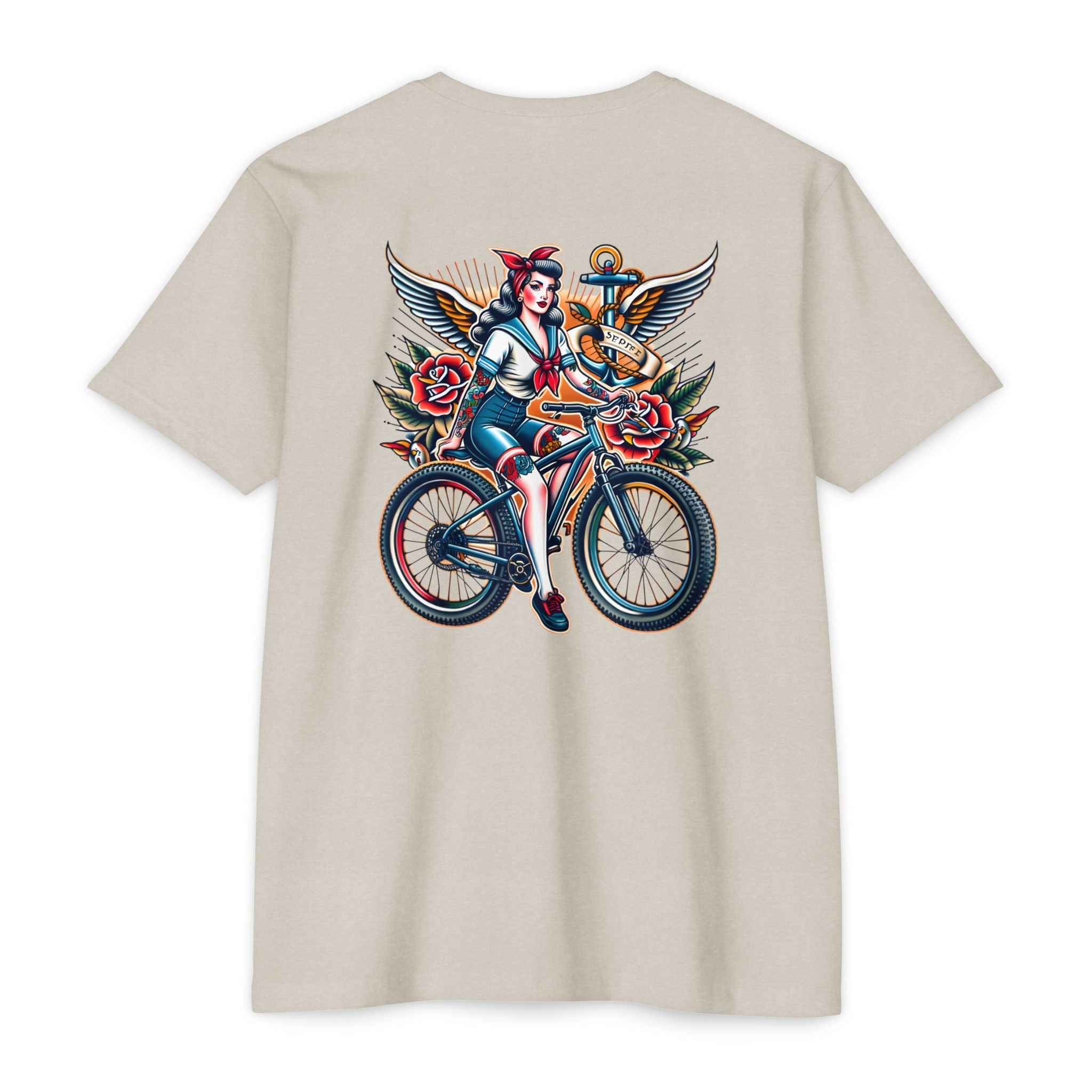 Beige t-shirt with a graphic design of a woman on a bicycle on the back, on a white background