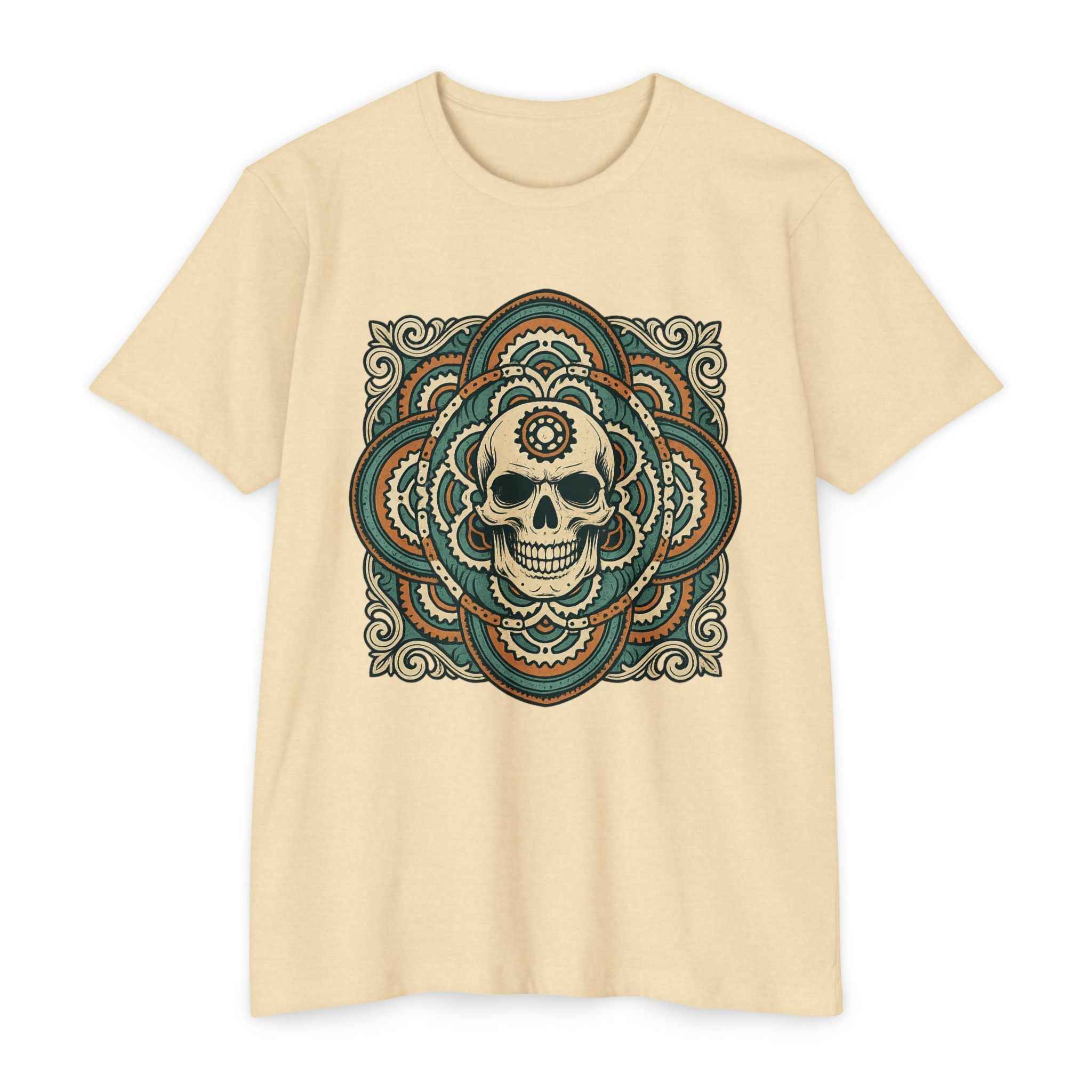 Mandala Skull Bike Style Shirt in beige featuring bold skull mandala artwork, ideal for boho bikers and tattoo-inspired streetwear enthusiasts.