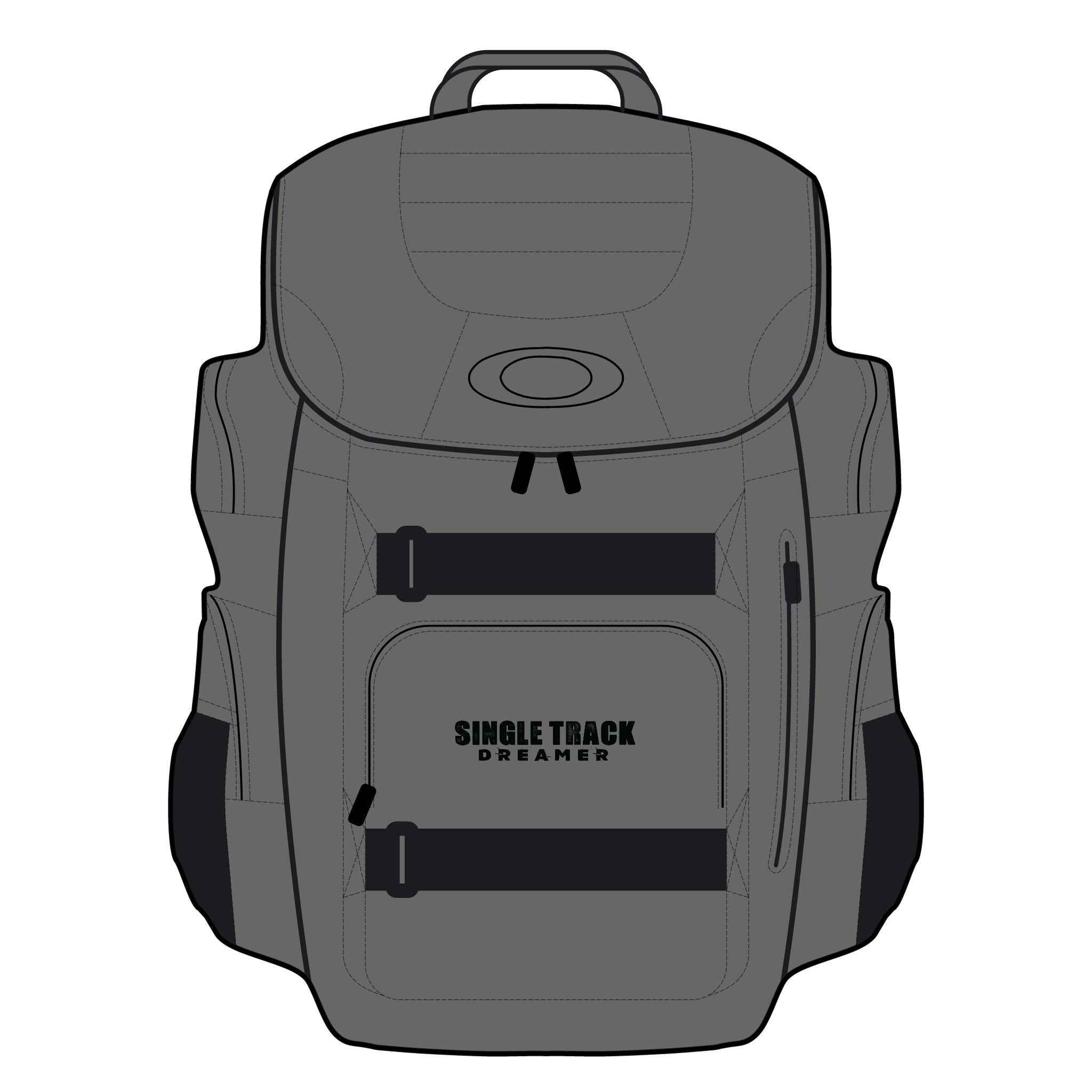 Gray Enduro 30L Backpack for Adventurers featuring 'Single Track Dreamer' branding, designed for outdoor and cycling gear storage.