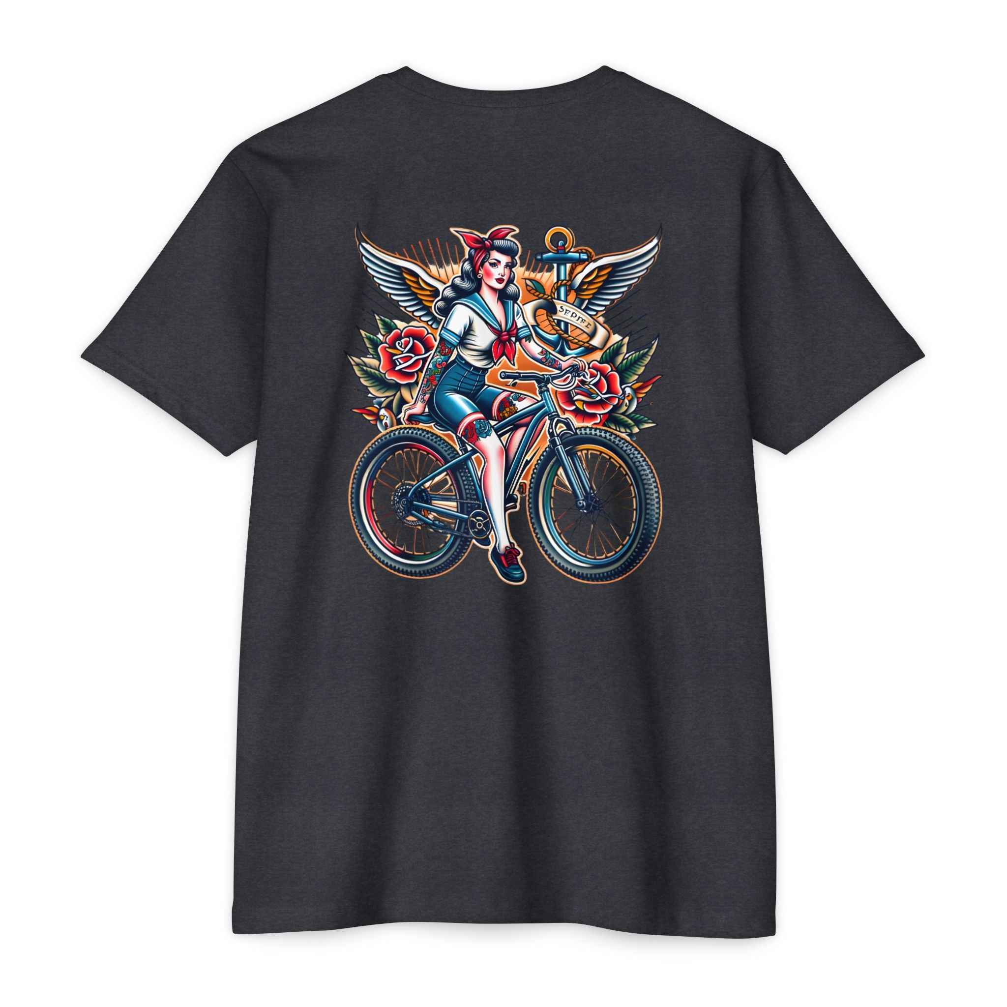 Black t-shirt with a colorful graphic of a woman on a bicycle on the back, against a white background