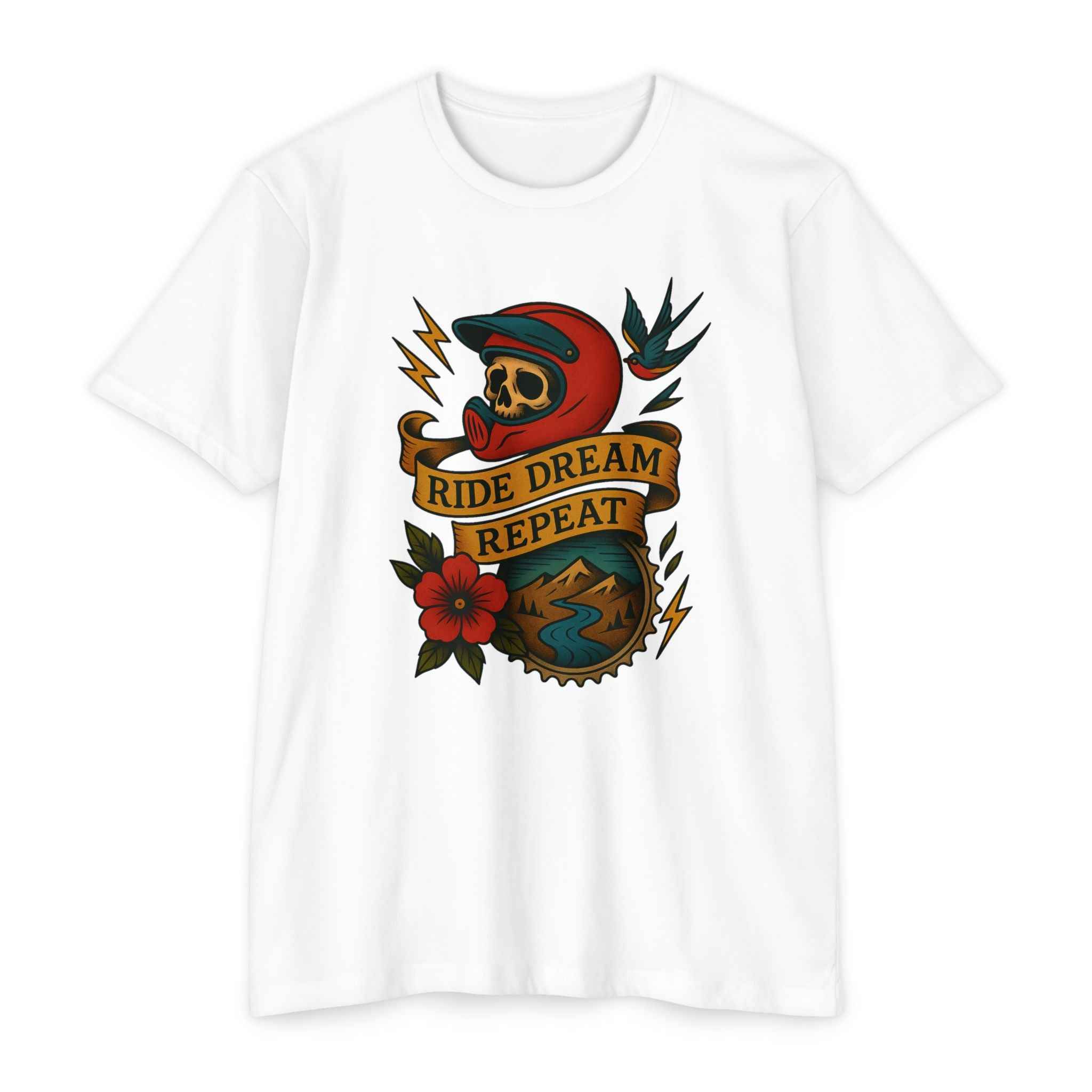 White Vintage Rider Spirit Tee with bold biker skull helmet graphic and 'Ride Dream Repeat' slogan, perfect for casual motorcycle streetwear.