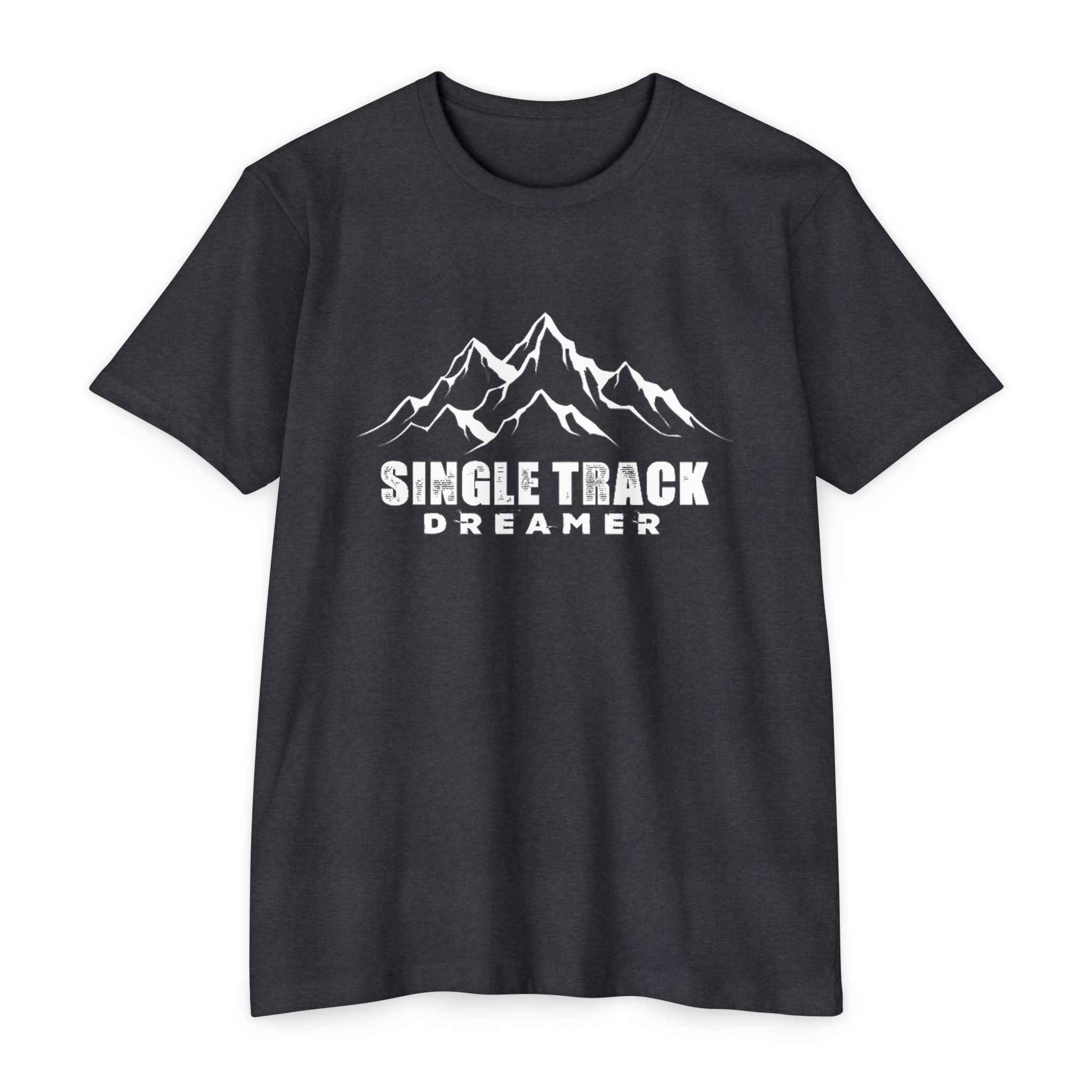 Dark gray Men's Mountain Adventure T-Shirt with white mountain design and Single Track Dreamer logo, perfect for casual outdoor wear.
