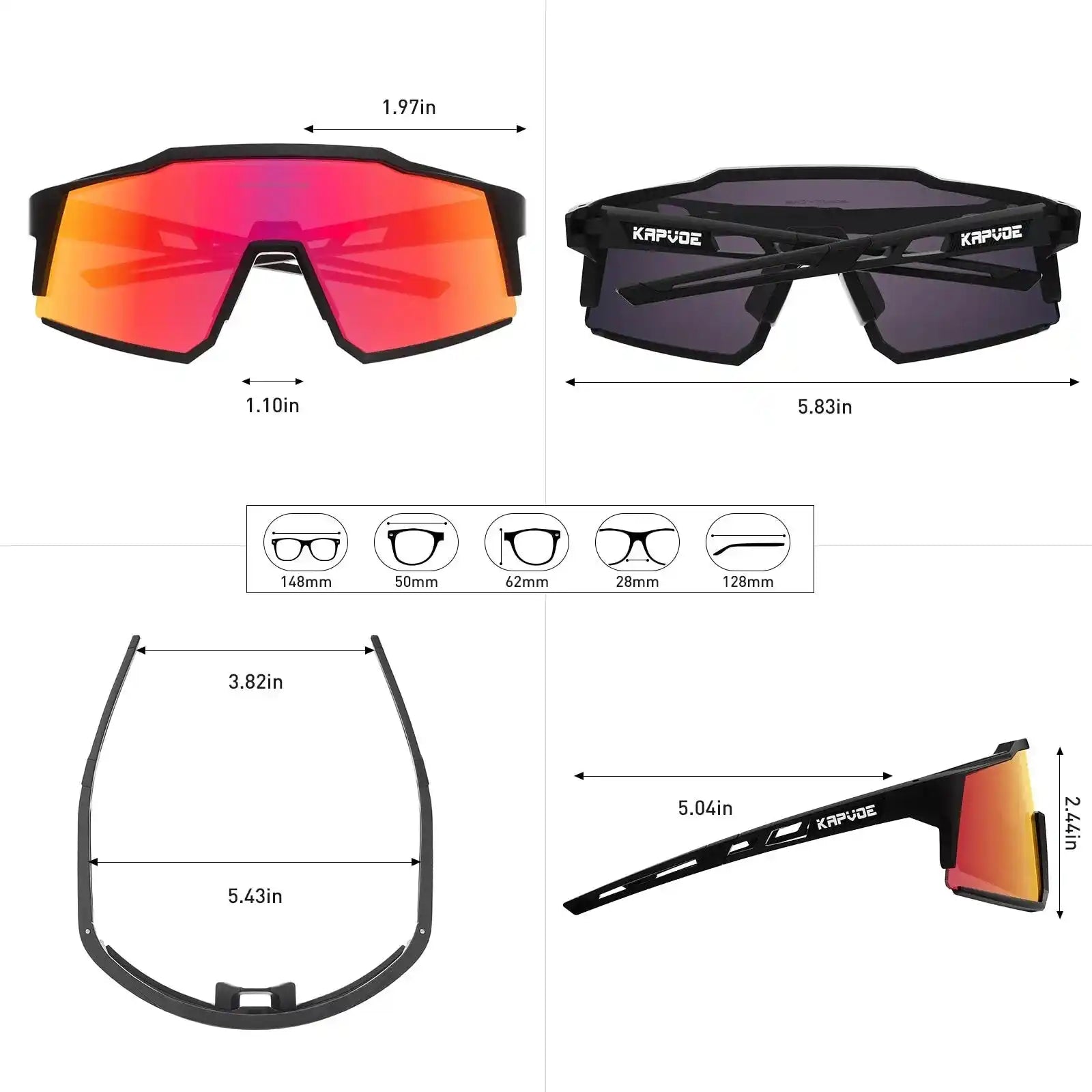 Kapvoe cycling glasses size chart showing dimensions and frame angles, highlighting ultra light design and UV400 lens protection.