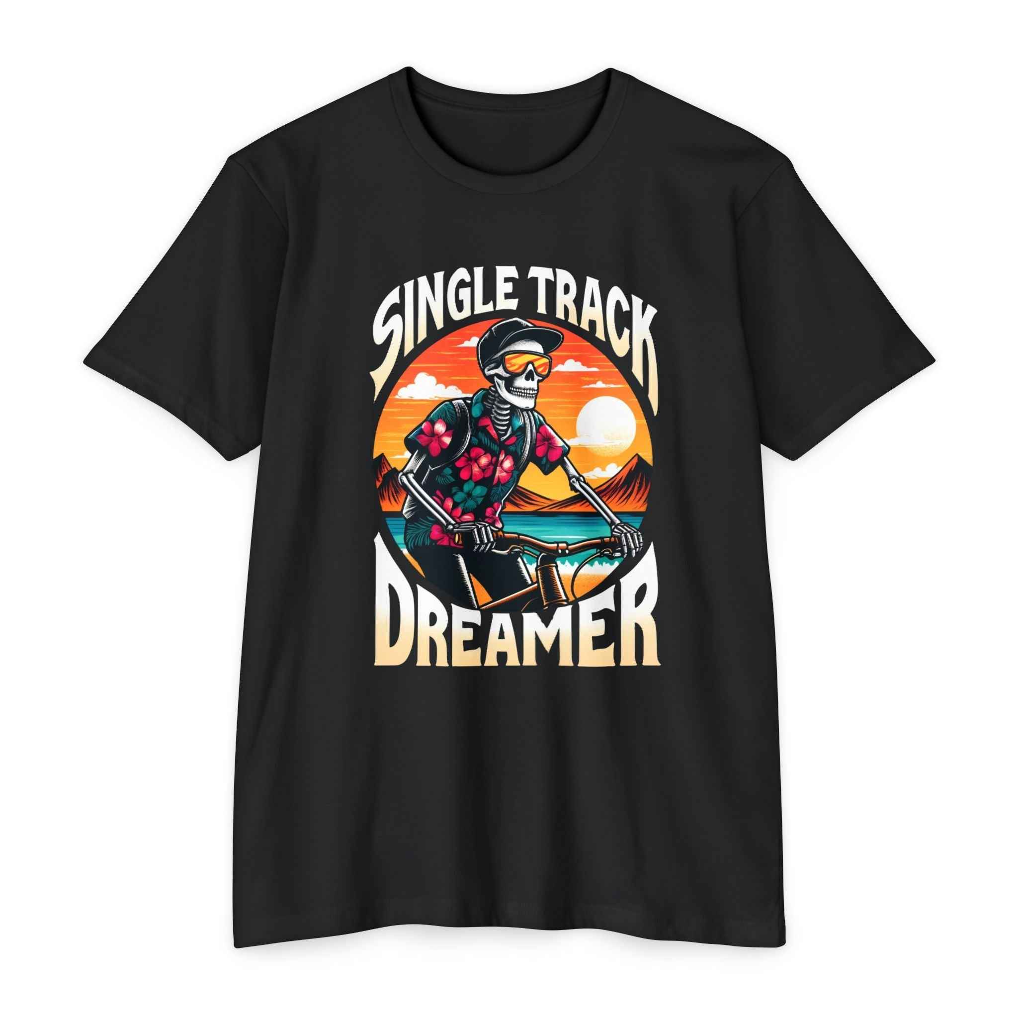 Black cotton men's t-shirt with bold 'Single Track Dreamer' graphic of a skeleton biker at sunset, offering comfort and durability.