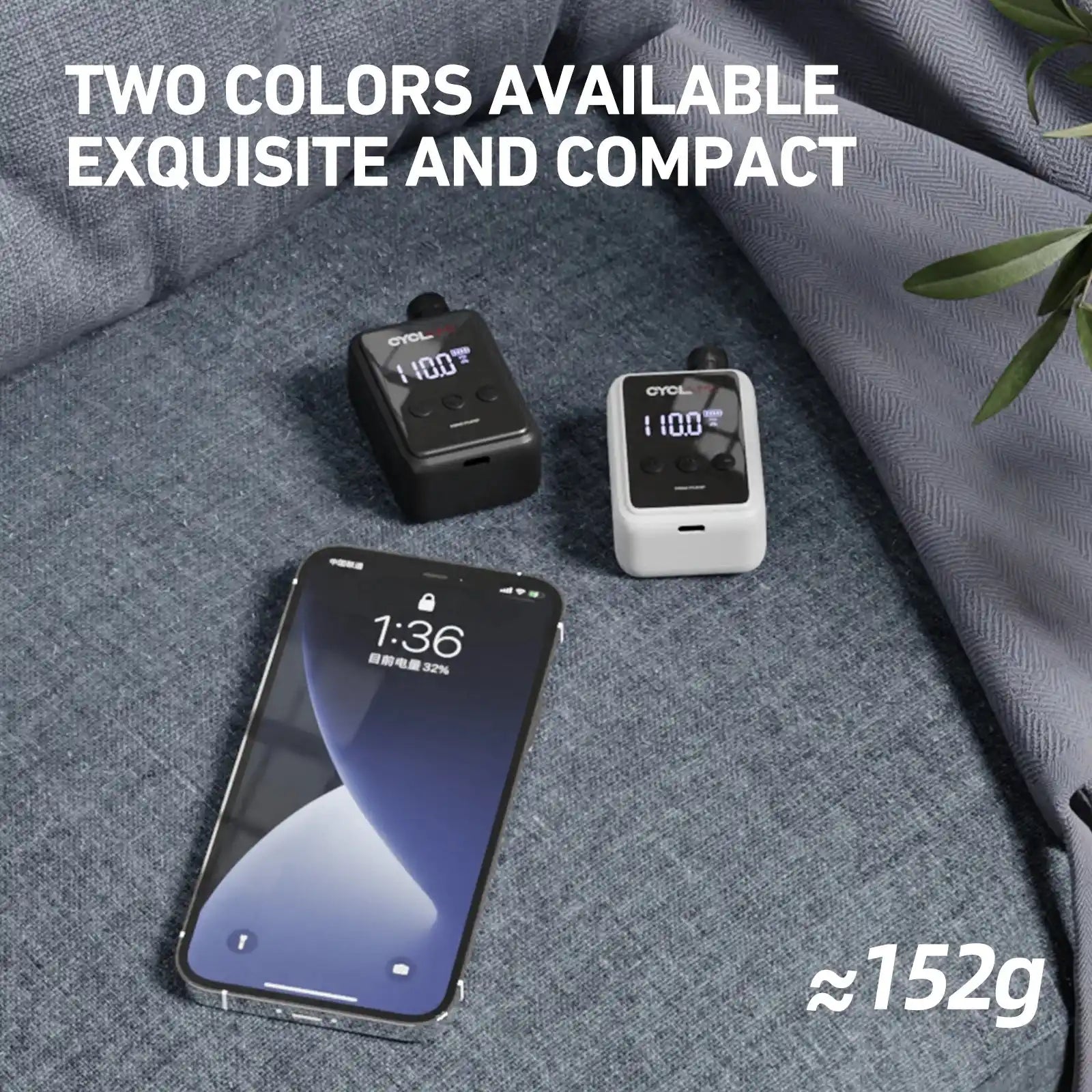 Two-color mini electric tire pumps shown next to smartphone for size comparison. Lightweight at 152g and ideal for portable bike inflating.