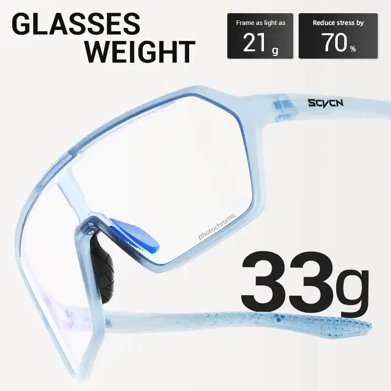 Lightweight photochromic cycling sunglasses weighing 33g, designed for UV400 protection and reduced stress during outdoor sports.