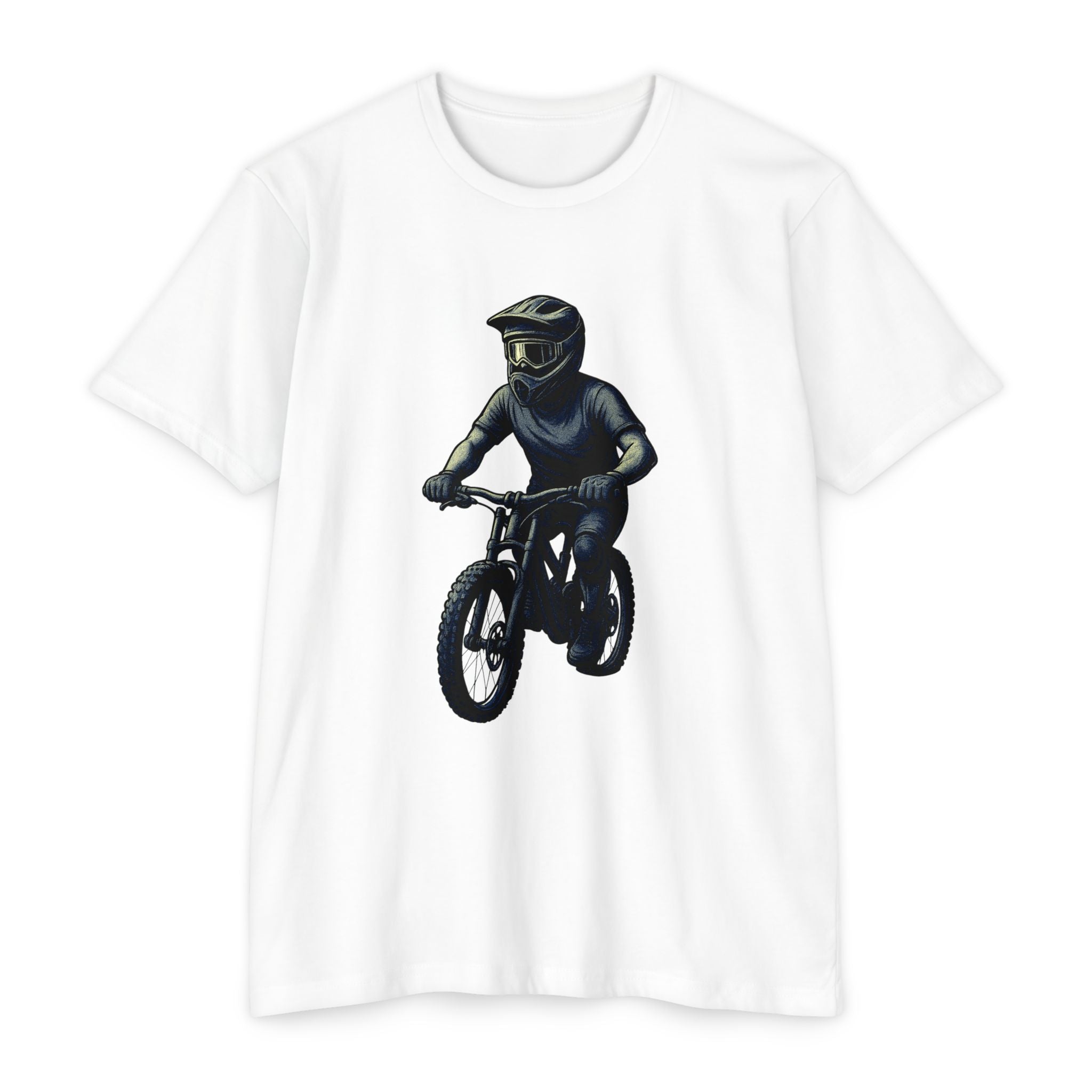 The Downhill Spirit - Vintage MTB Rider Tee in white featuring a bold graphic of a mountain biker in full gear. Soft, lightweight cotton-poly blend.