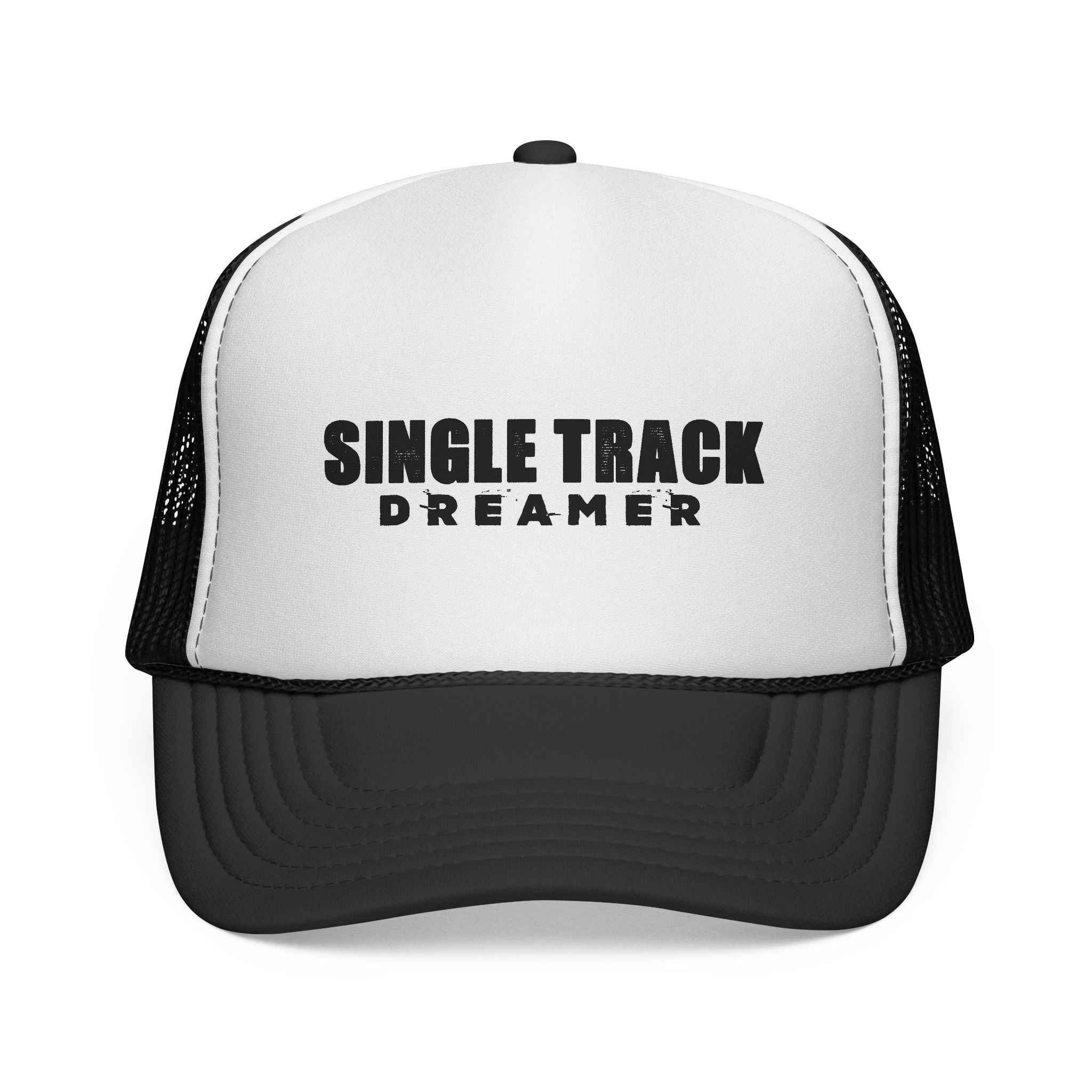 Front-facing Trucker Cap Single Track Dreamer with white foam front and black mesh, designed for cyclists and outdoor adventurers.