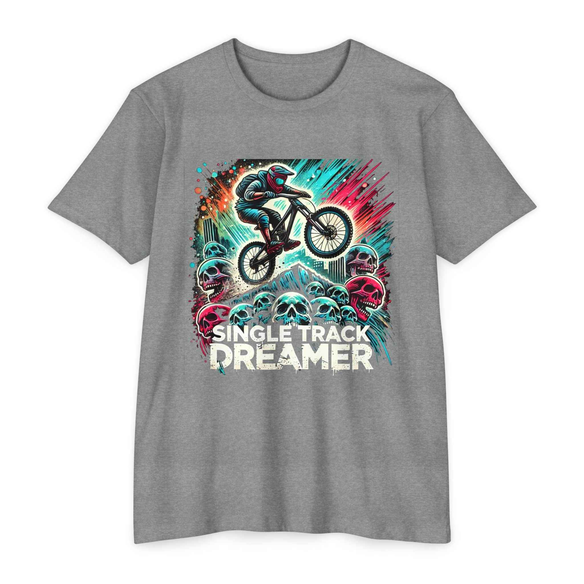 Heather gray men's mountain biking t-shirt with bold graphic of a biker mid-air over colorful skulls and 'Single Track Dreamer' lettering.