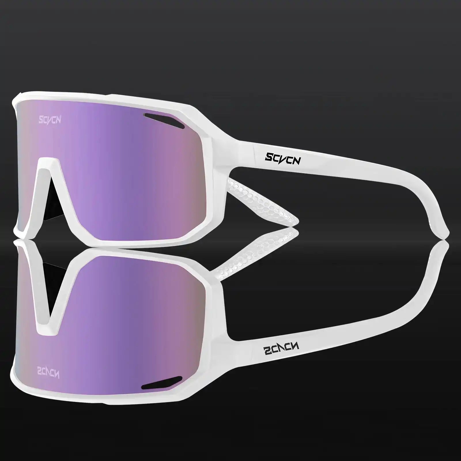 White SCVCN HOT MTB cycling sunglasses with purple mirrored UV400 lenses, designed for outdoor sports and high UV protection.