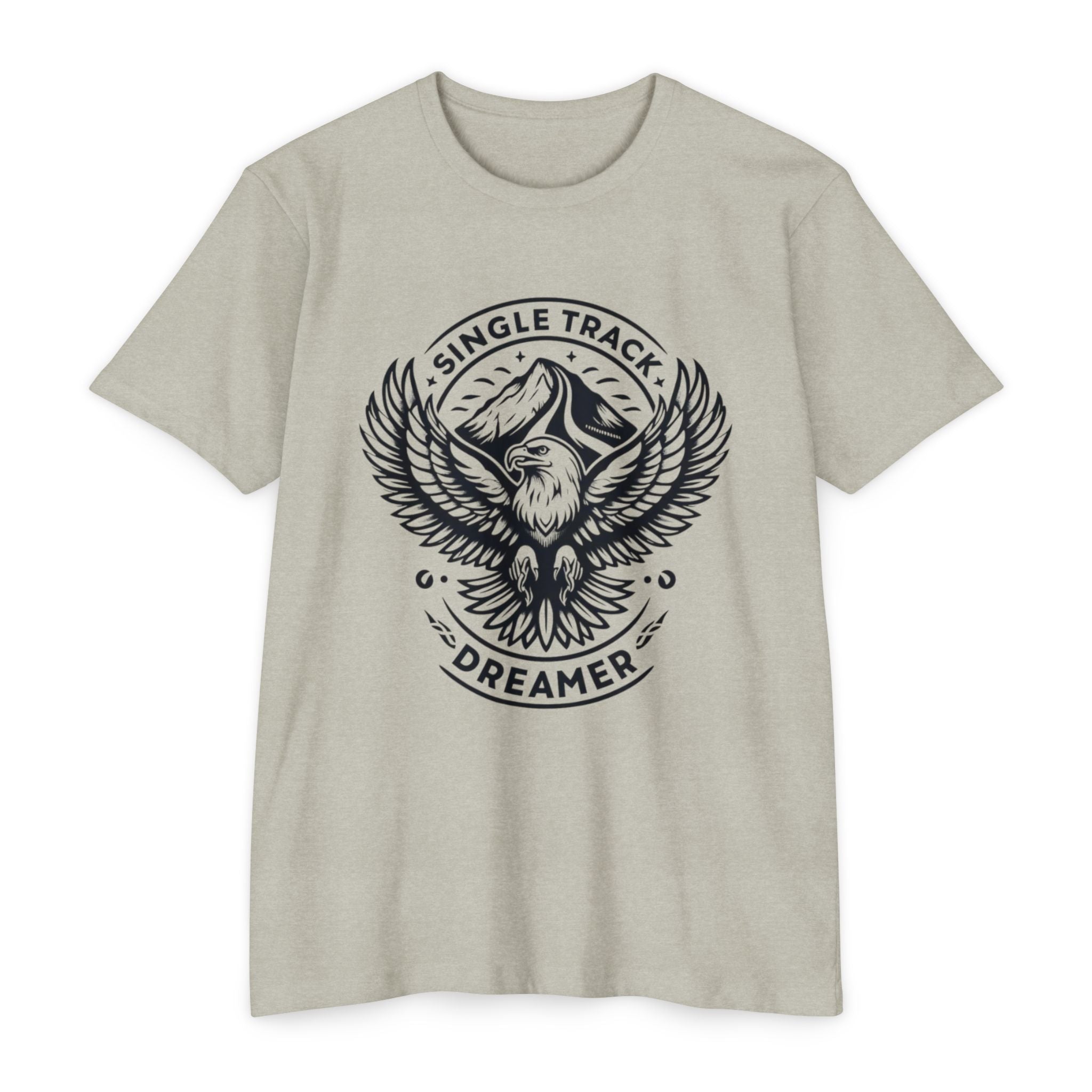 Heather beige Mountain Bike T-Shirt for riders with eagle and peak print. Crew neck cotton shirt available in XS to 4XL for outdoor lovers.