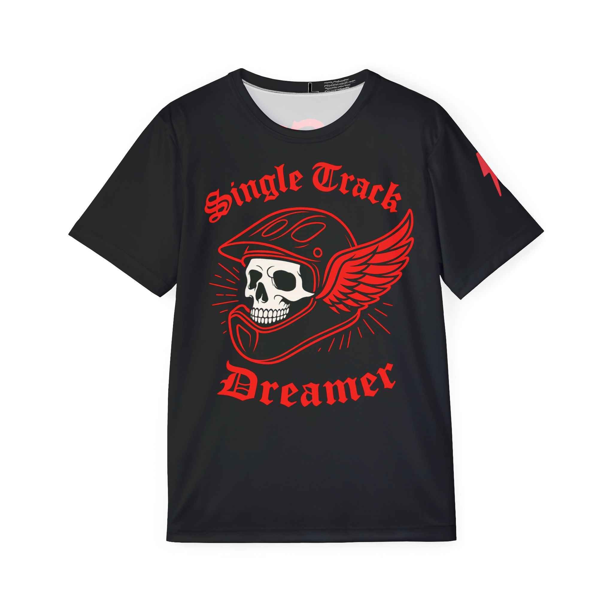 Black t-shirt with red graphic design and text 'Single Track Dreamer' on a white background
