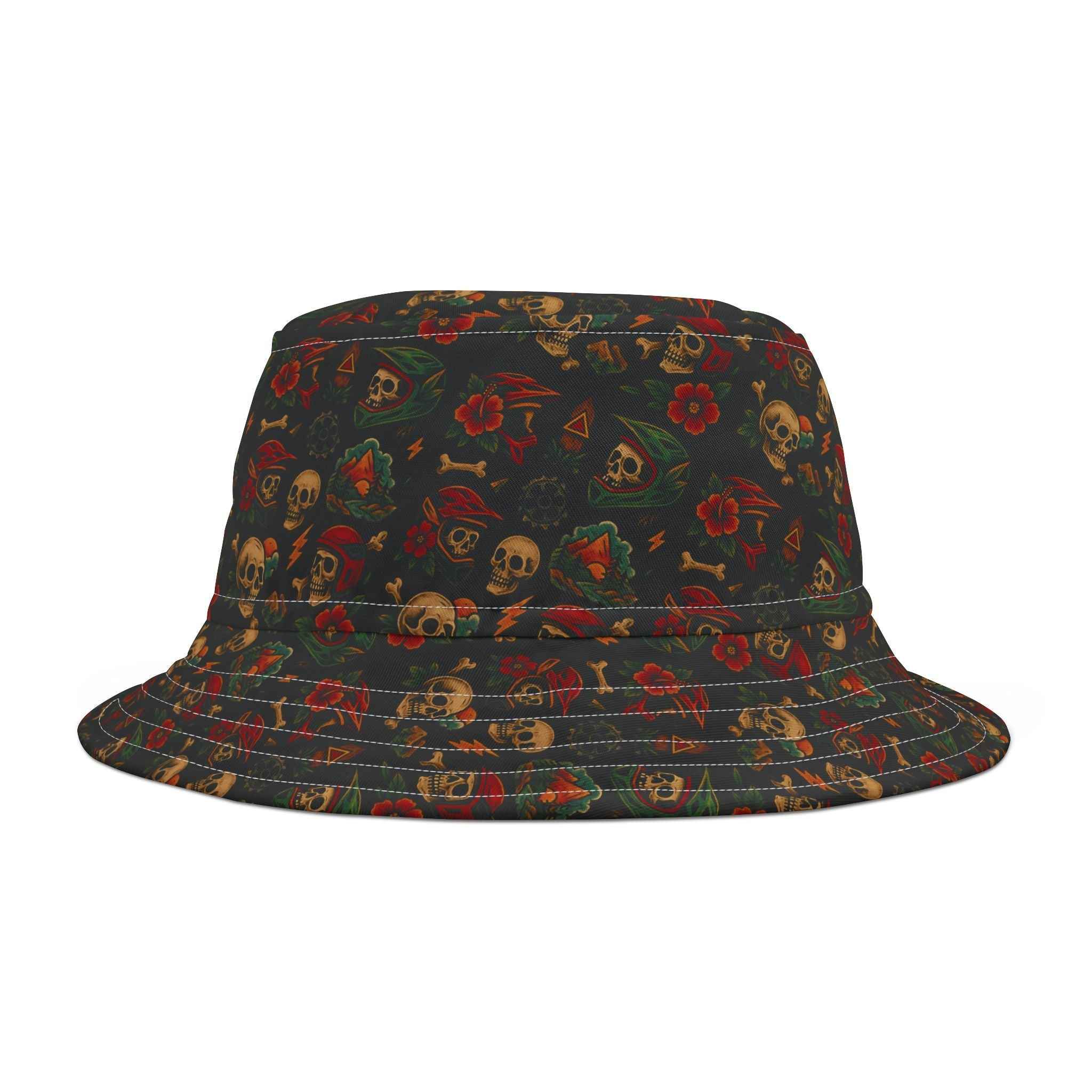 Vintage-style Skull Bucket Hat with bold skull and floral print, perfect for goth fashion lovers and seasonal streetwear looks.