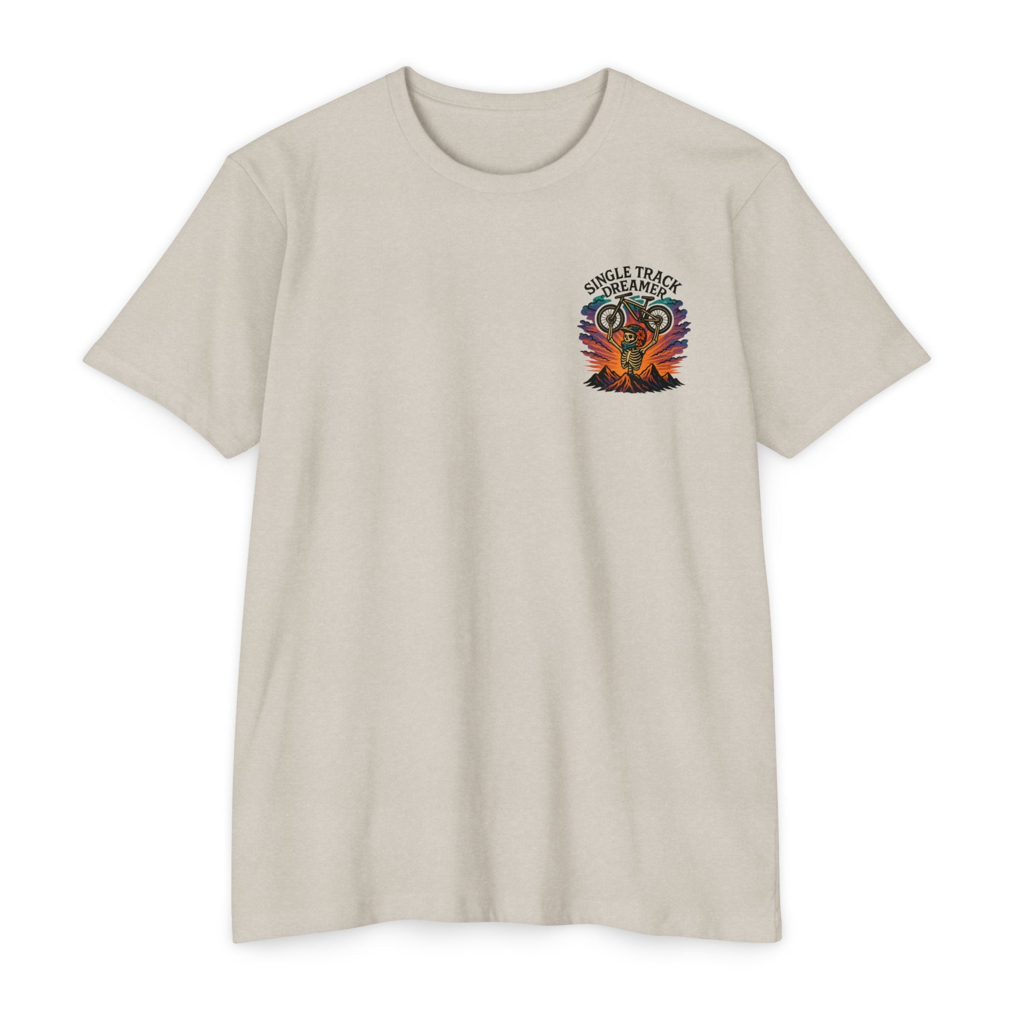 Beige t-shirt with a colorful graphic and text on a white background
