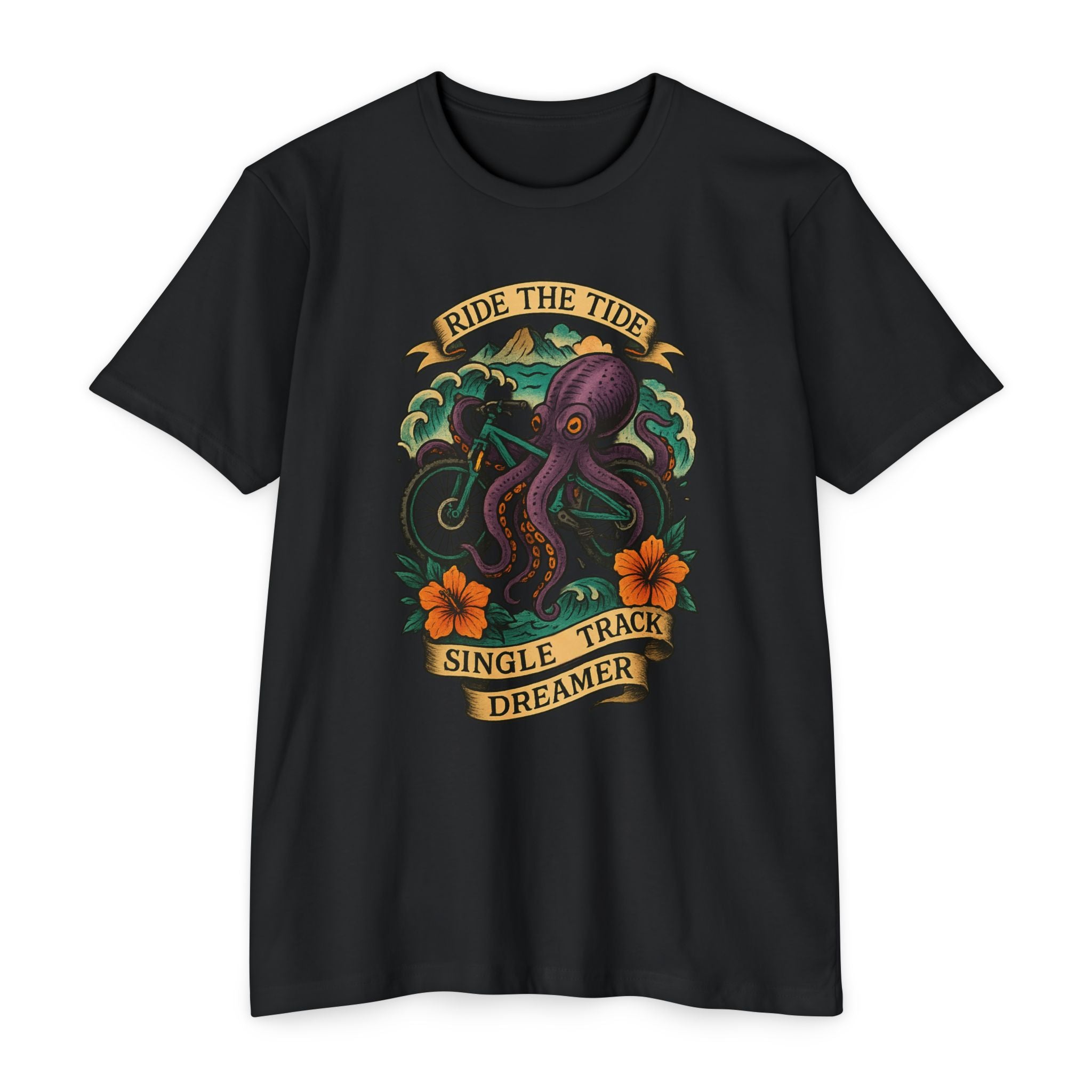 Black t-shirt with an octopus graphic and text on a white background