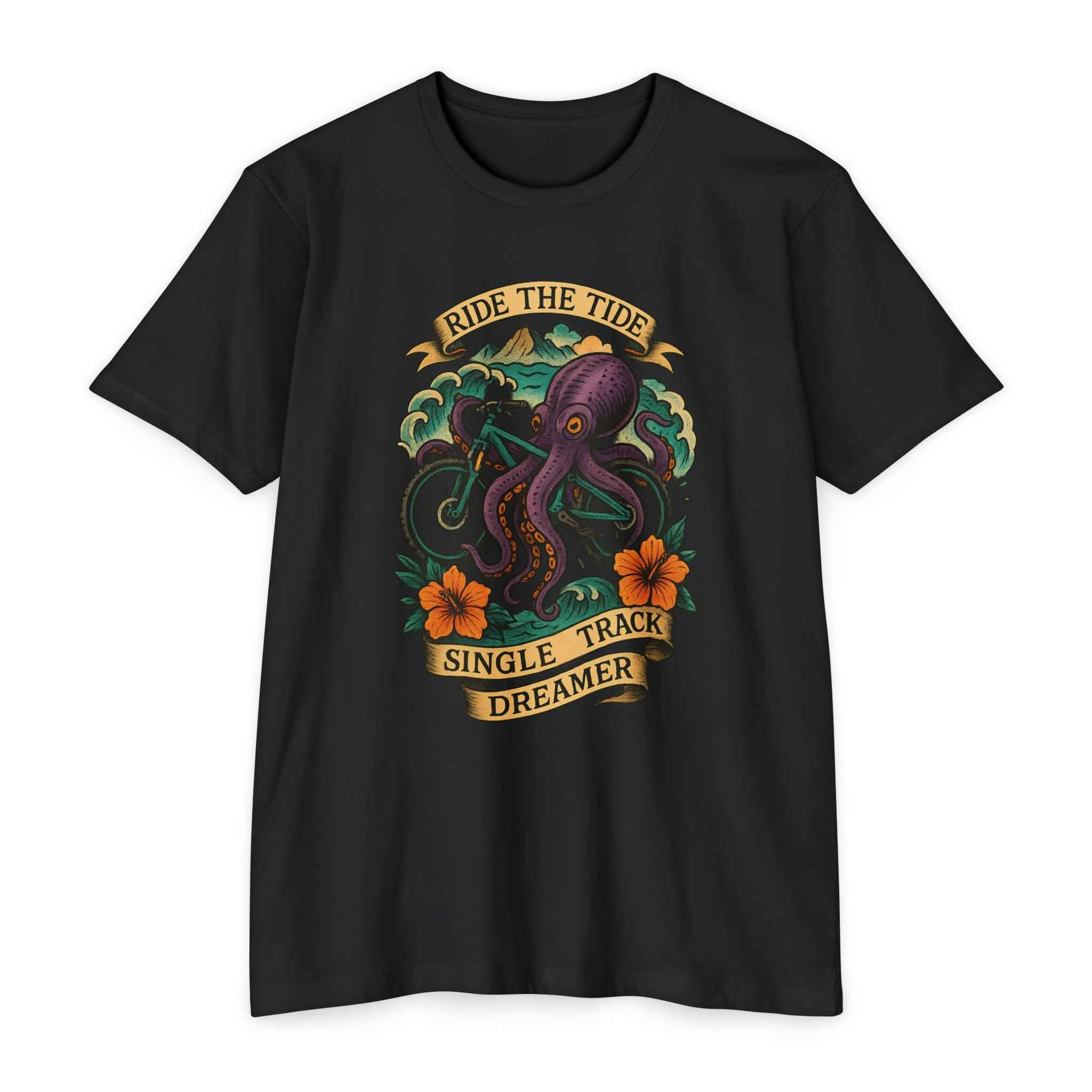 Black t-shirt with an octopus graphic and text on a white background