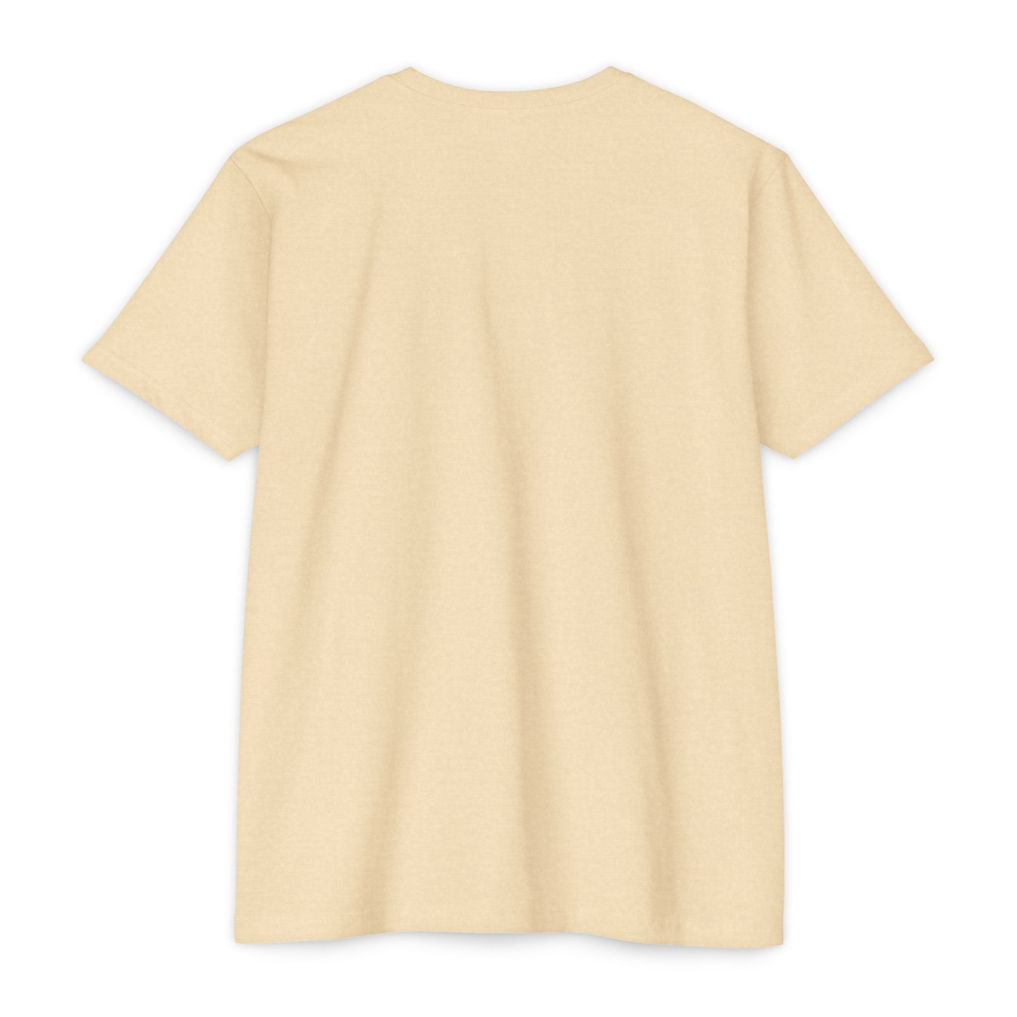 Back view of beige Forest Deer Mountain Bike T-Shirt showing plain cotton fabric. Casual and comfortable fit for outdoor wear.