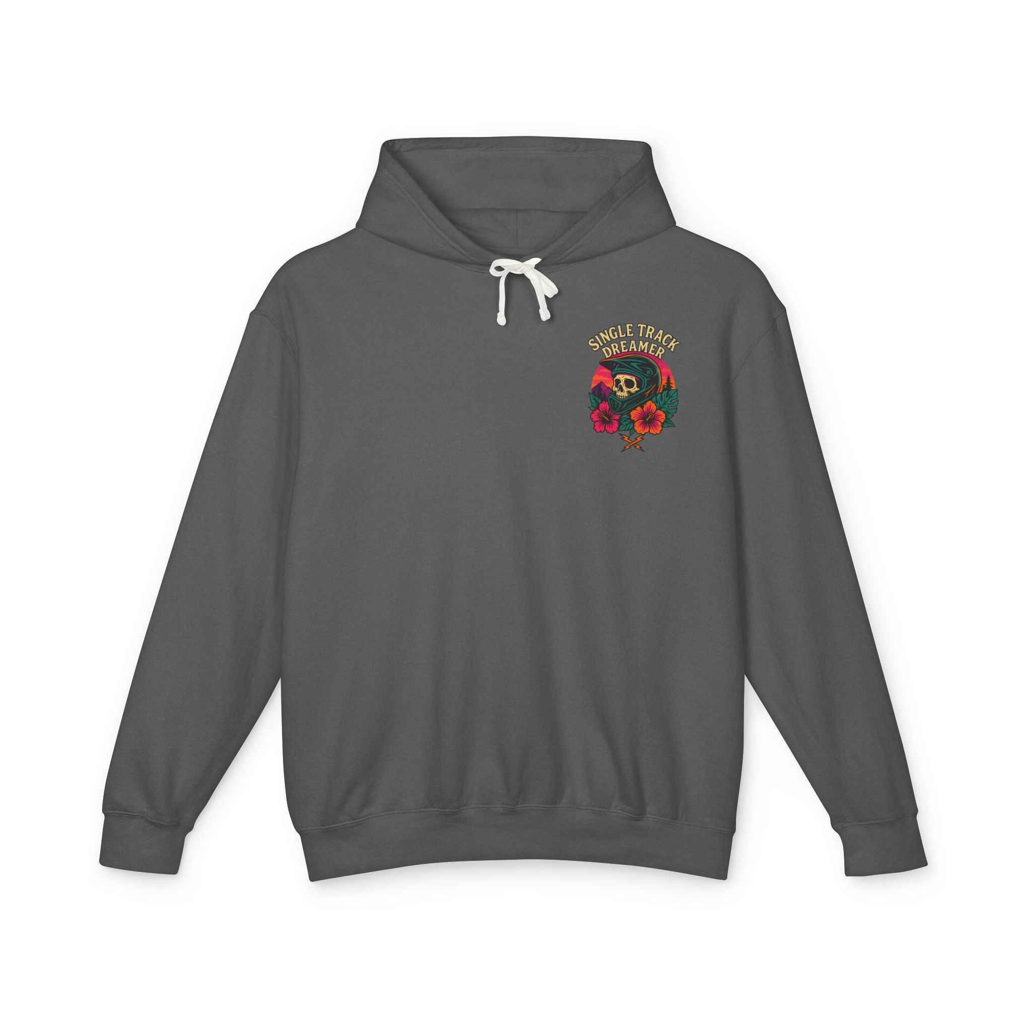 Charcoal gray Skull Sunset Lightweight Hoodie for Adventure Lovers featuring small colorful skull and flower chest design.