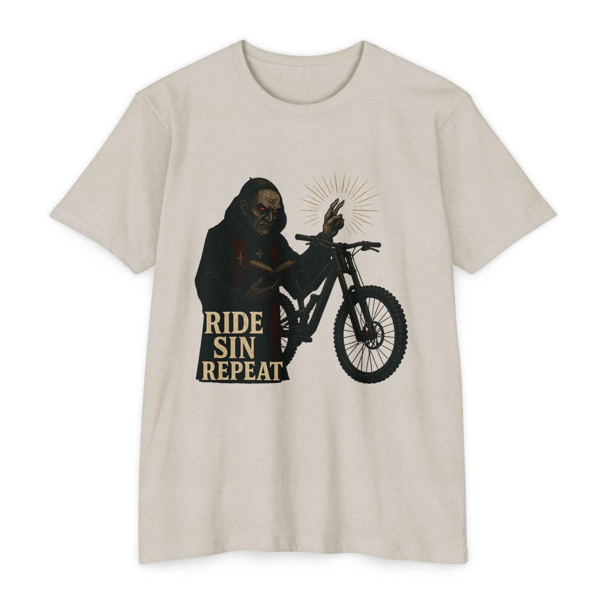 Men's Gothic Mountain Bike T-Shirt in beige featuring dark priest and MTB design with bold 'Ride Sin Repeat' slogan. Perfect for alternative cycling style.