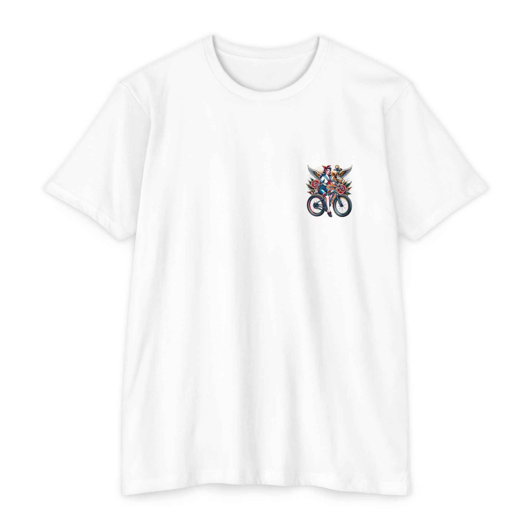 White t-shirt with a small colorful graphic on the chest against a white background