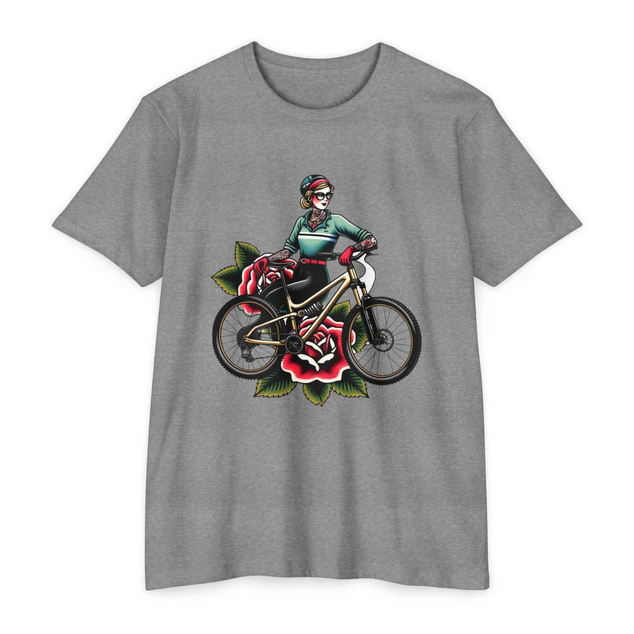 Women's MTB Tee - Vintage Rose Tattooed Rider Shirt in heather gray showcasing a tattooed female rider and rose graphic, stylish MTB apparel.