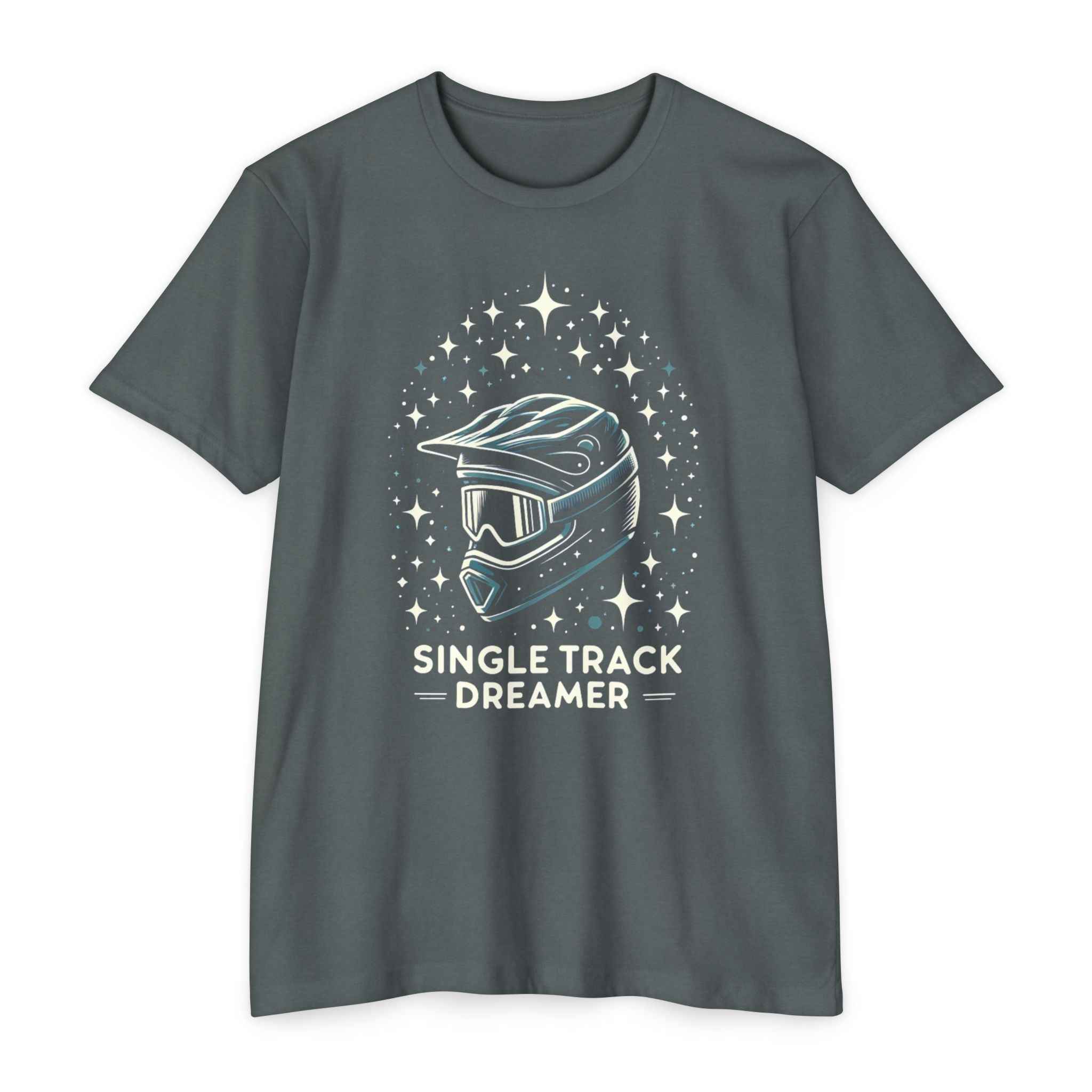 Gray t-shirt with a helmet graphic and 'Single Track Dreamer' text on a white background