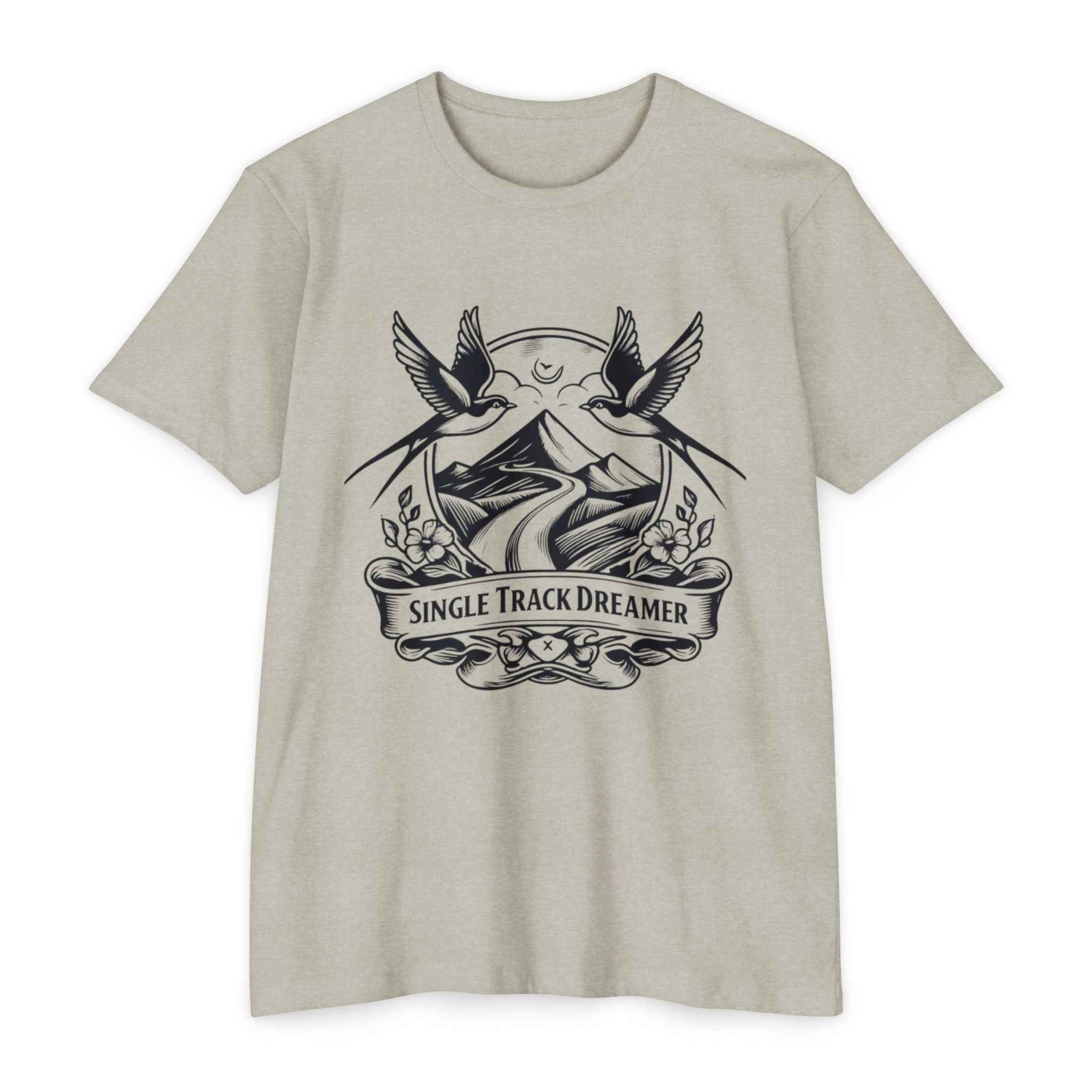Vintage Rider Spirit Tee for women in heather beige with classic tattoo-style mountain path and swallows, ideal for MTB adventures.