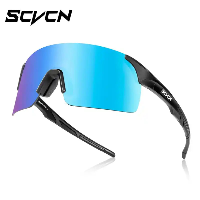 Black-frame MTB cycling sunglasses with blue photochromic lens, offering UV protection and ergonomic design for cyclists.