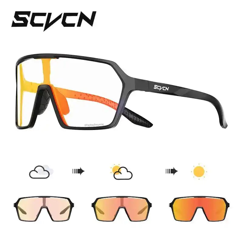 SCVCN Cycling Glasses in black with orange photochromic UV400 lenses that shift from light to deep orange for high-contrast cycling vision.